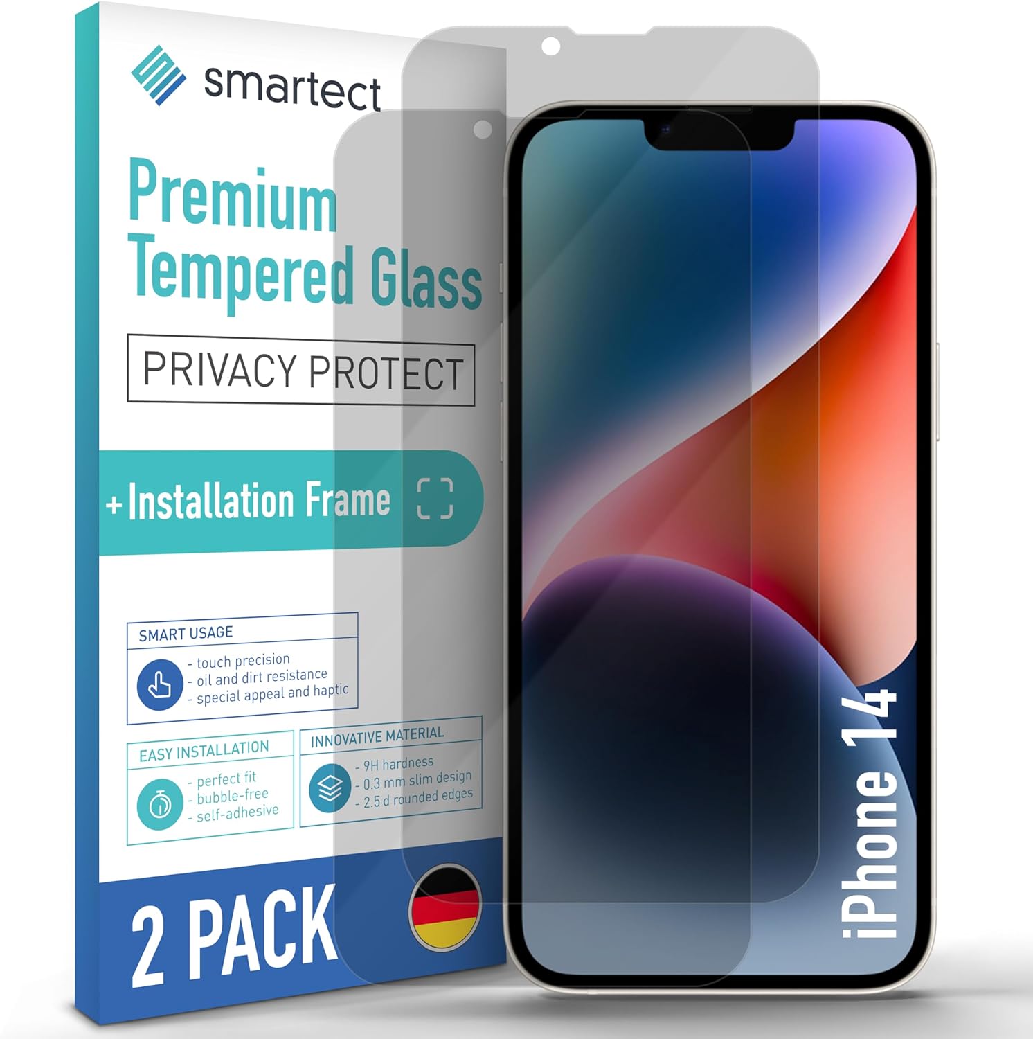 smartect Glass Screen Protector [2 Pieces, Privacy] for iPhone 14, incl. Installation Frame, Anti Spy Protective Film Anti Scratch, Bubble Free, 9H Hardness, Ultra Resistant.