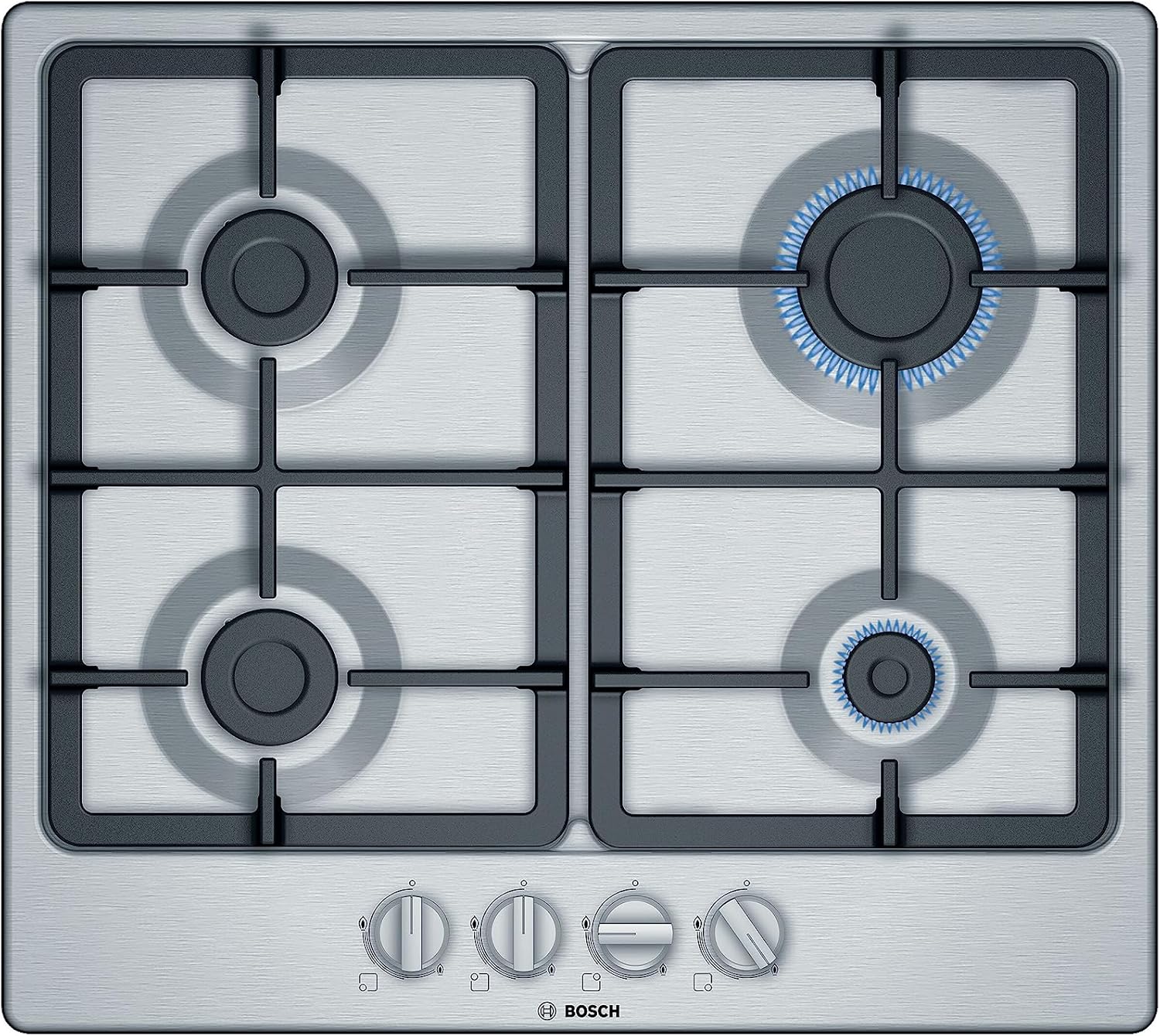 Bosch Series 4 PGP6B5B90 Gas Hob with Continuous Cast Iron Support, 4 Gas Burners, Biomethane ready, Integrated, Stainless steel, 60cm wide.