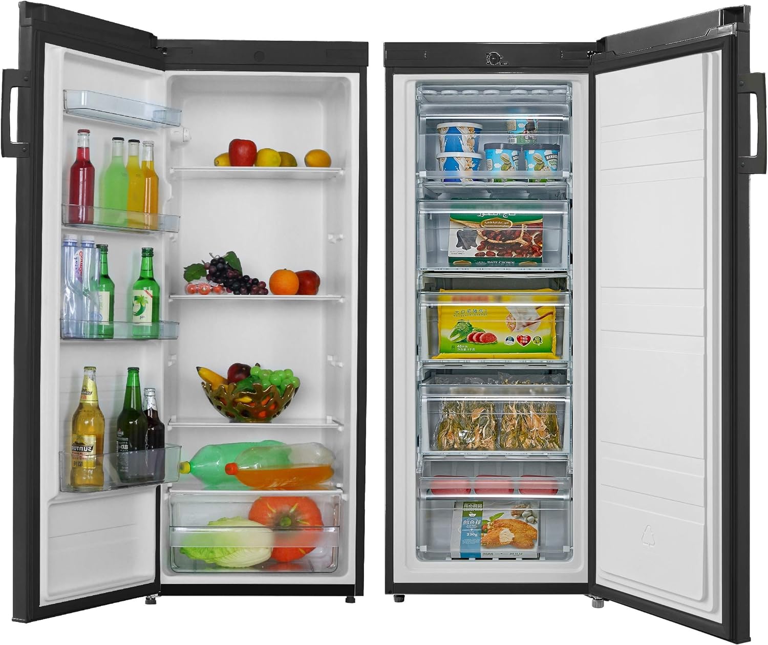 Cookology Tall Upright Fridge & Freezer Pack in Black, 55 x 142cm tall, Side-by-Side.