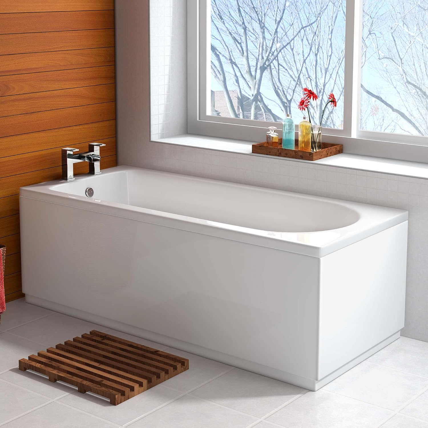 IBathUK Bathroom White Gloss Bath Single Ended Straight Acrylic Bathtub with Adjustable Feet - 1700 x 750mm.