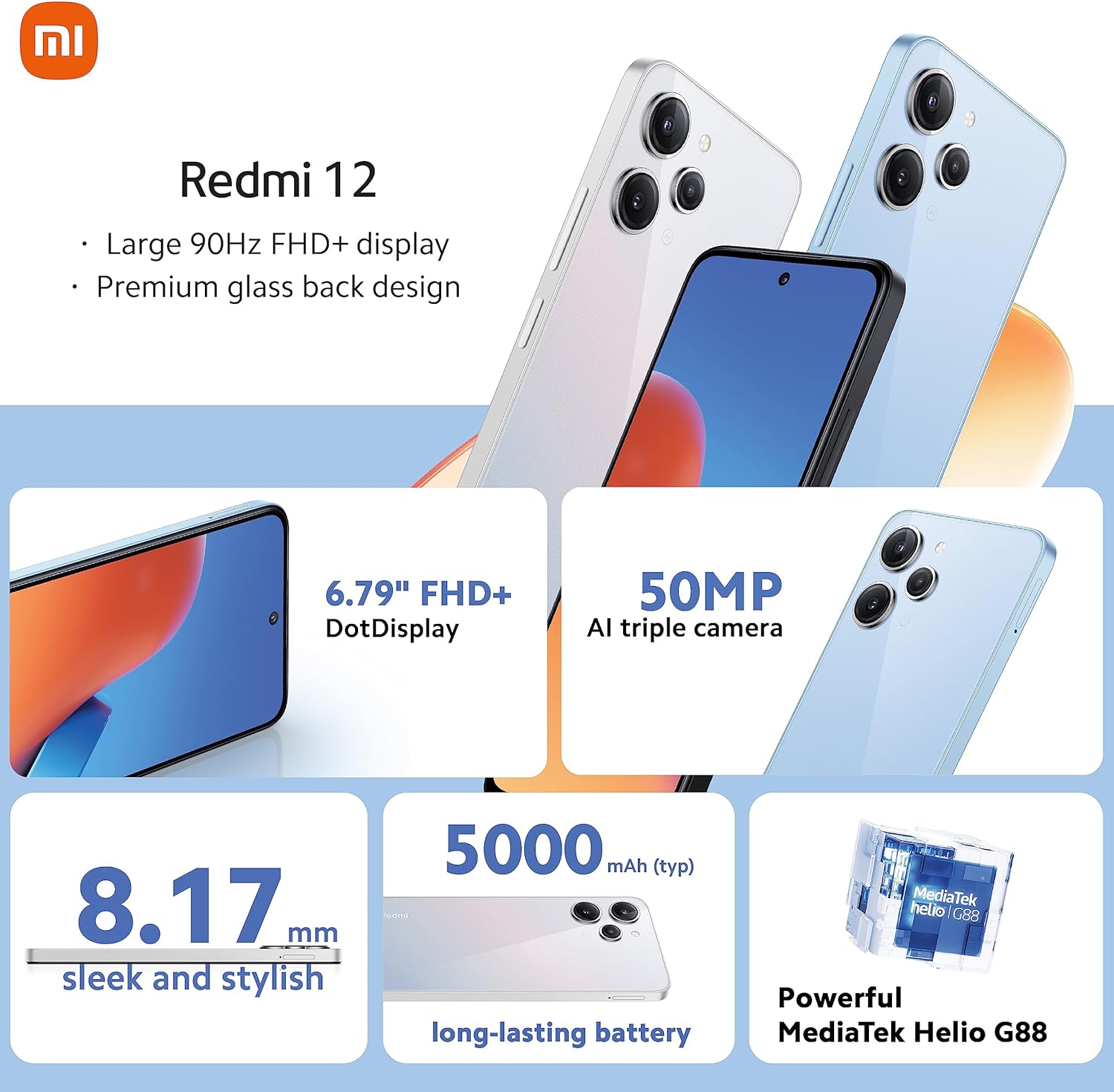 Xiaomi Redmi 12 Smartphone, 4 + 128 GB, Mobile Phone, 6.79 Inch FHD+ Display, 5,000 mAh, 50 MP Camera, 18 W Fast Charging, Dual SIM, Midnight Black.