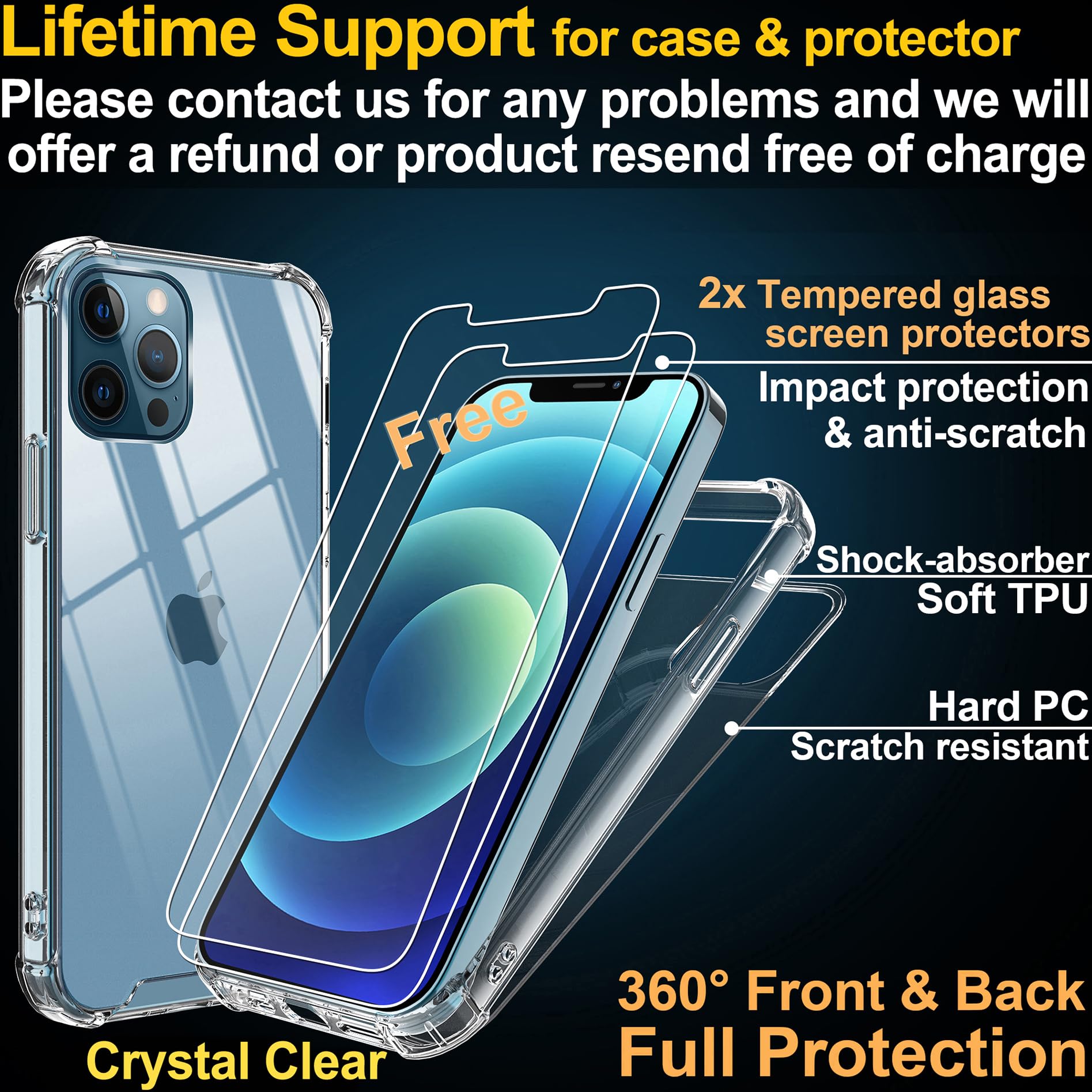 4youquality Case for iPhone 12 and iPhone 12 Pro with [2-Pack Tempered Glass Screen Protector], 6.1-Inch, Airbag Drop Protection, Shockproof Transparent Clear Bumper Phone Cover, Anti-Scratch.