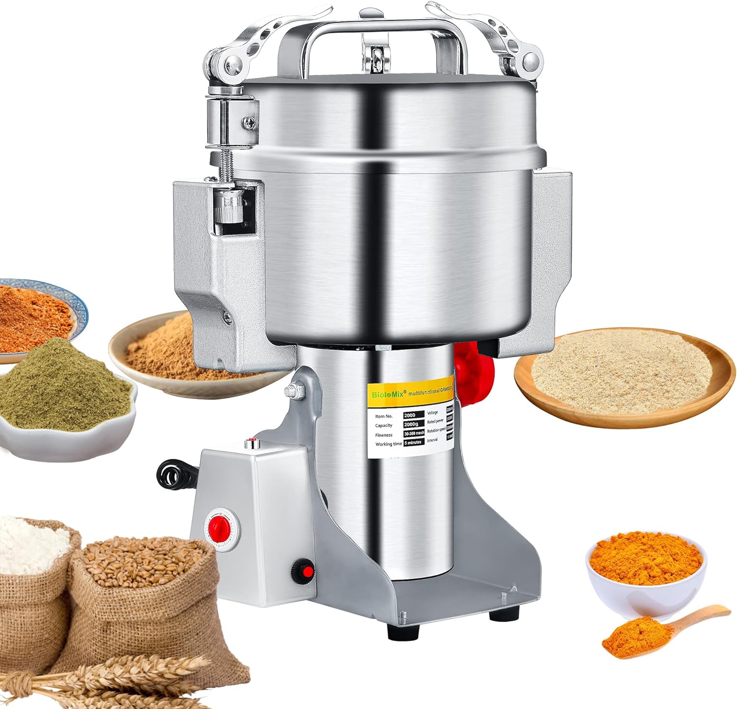 BioloMix Mill Grinder, Swing 2000g Grains Grinder, Multifunction Portable Kitchen Grinder for Coffee, Cereals, Dry Food, Timing Dry Grinder.