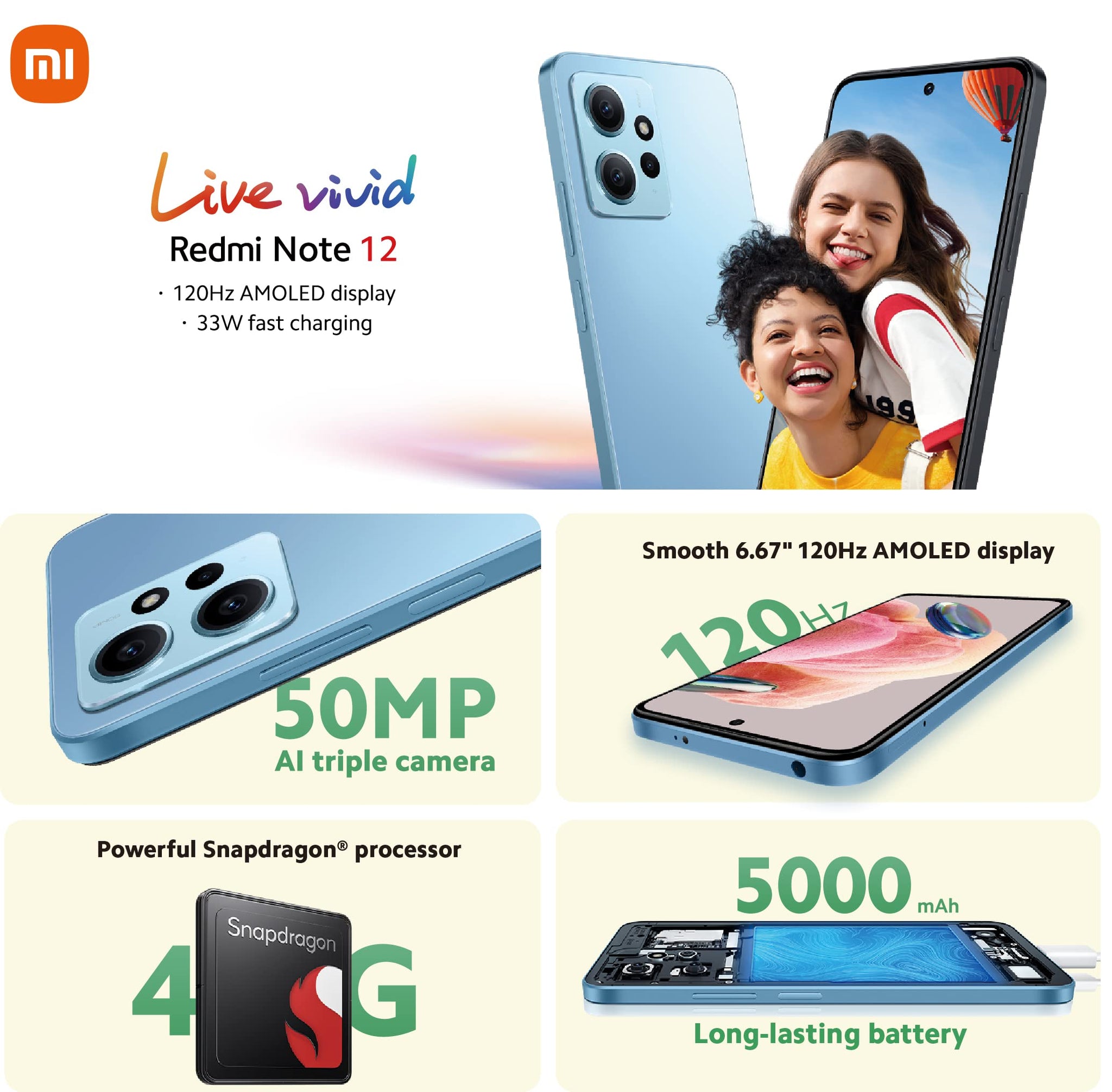 Xiaomi Redmi Note 12 Smartphone, 4+128GB, 6.67 Inch FHD+ AMOLED DotDisplay, 5,000 mAh, 50MP Camera, 33W Fast Charging, Dual SIM, Onyx Grey (UK Version 2 Year Warranty).