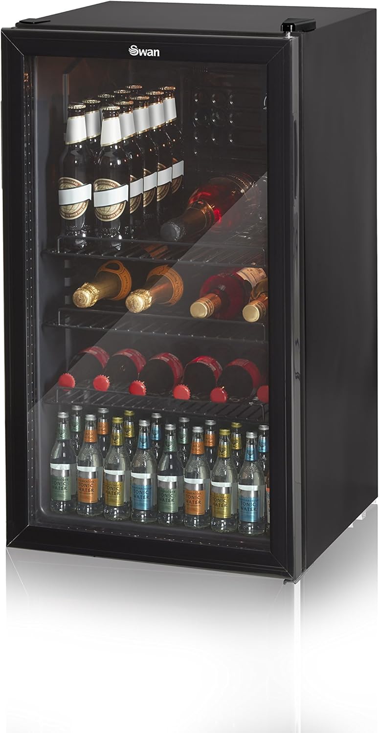 Swan 80L Glass Fronted Undercounter Freestanding Beverage/Drinks Fridge for Wine, Drinks & Snacks, 85W, SR12030BN, Black.