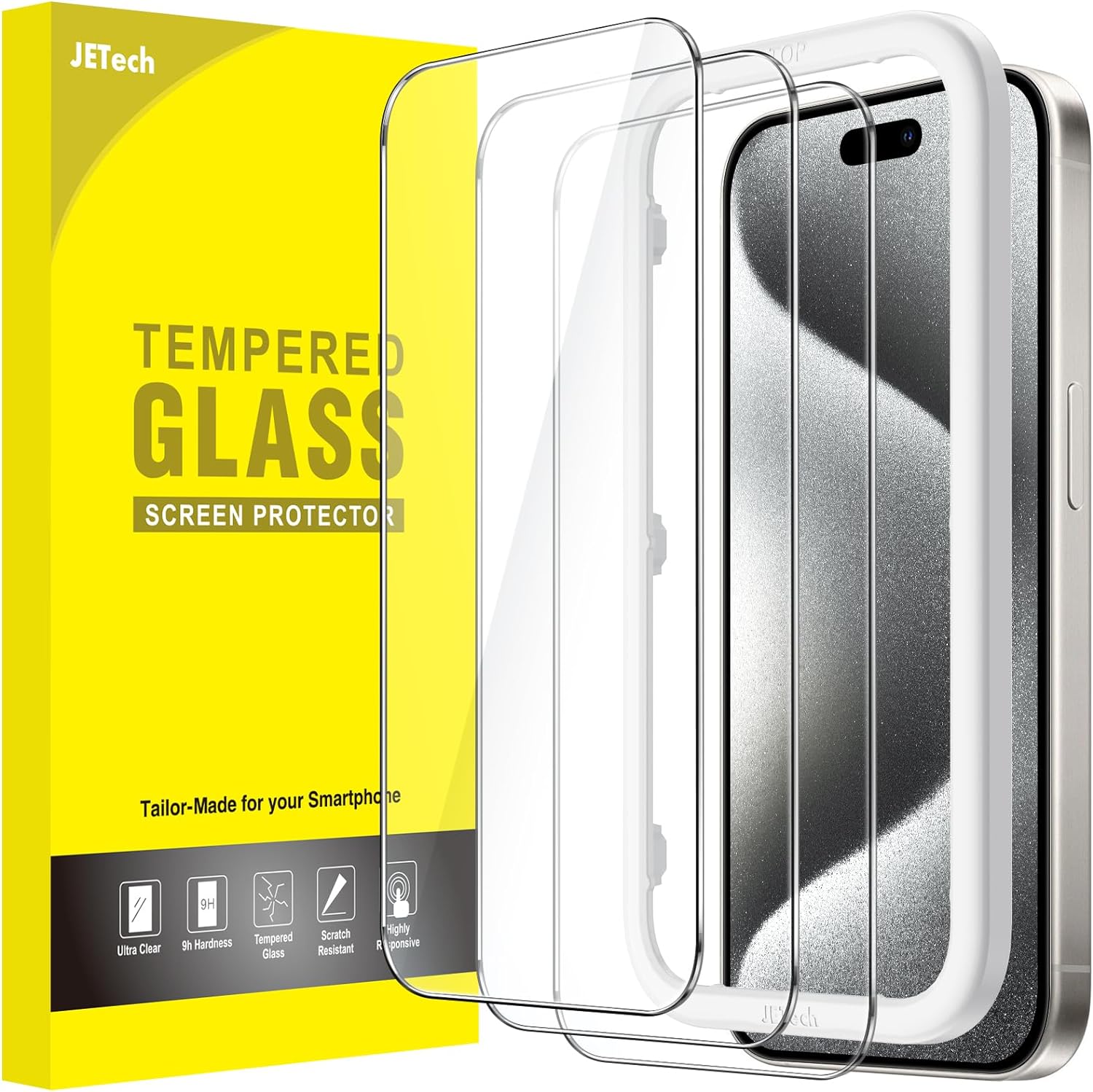 JETech Screen Protector for iPhone 15 Pro 6.1-Inch, Tempered Glass Film with Easy Installation Tool, Case-Friendly, HD Clear, 3-Pack.