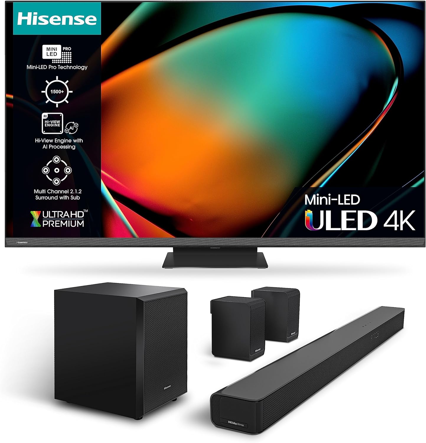 Hisense 4K Mini-LED TV U8K with 1500 Nits Peak Brightness and HS224 with Built-in subwoofer, Dolby Audio.