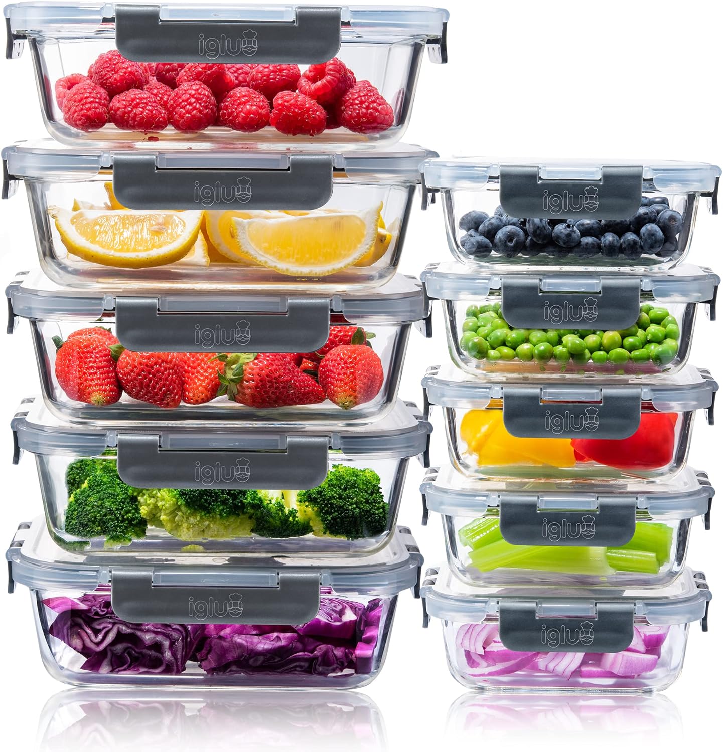 Igluu Meal Prep Glass Food Storage Containers 10 Pack, Meal Prep Containers with Snap Lock Leakproof Lids, Reusable Microwave safe BPA-free Lunch Boxes (10 Containers & 10 Lids) 1050ml & 370ml.