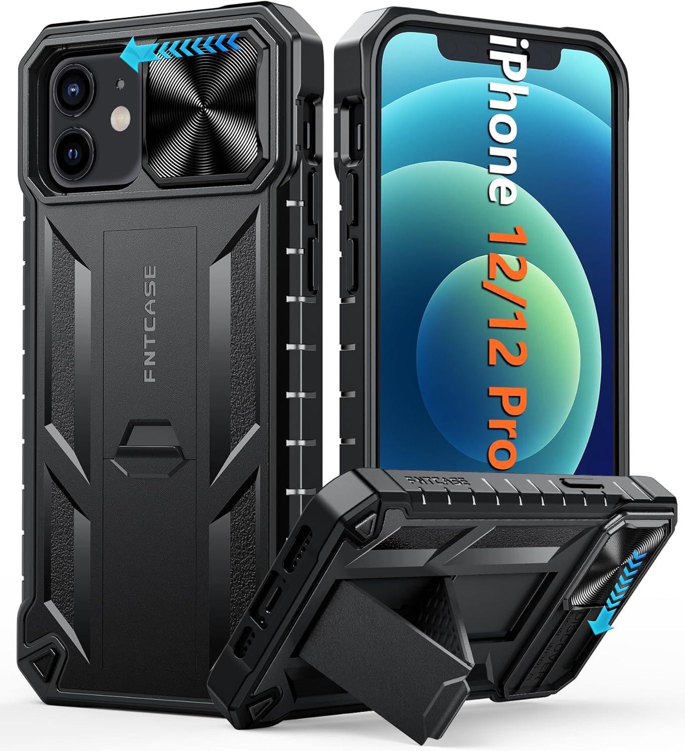 FNTCASE for iPhone 12 Phone Case: Rugged Military Grade Full Protection Shockproof Protective Case with Kickstand | TPU Matte Textured Heavy Duty Hard Bumper Phone Cover for iPhone 12/12 Pro Blue