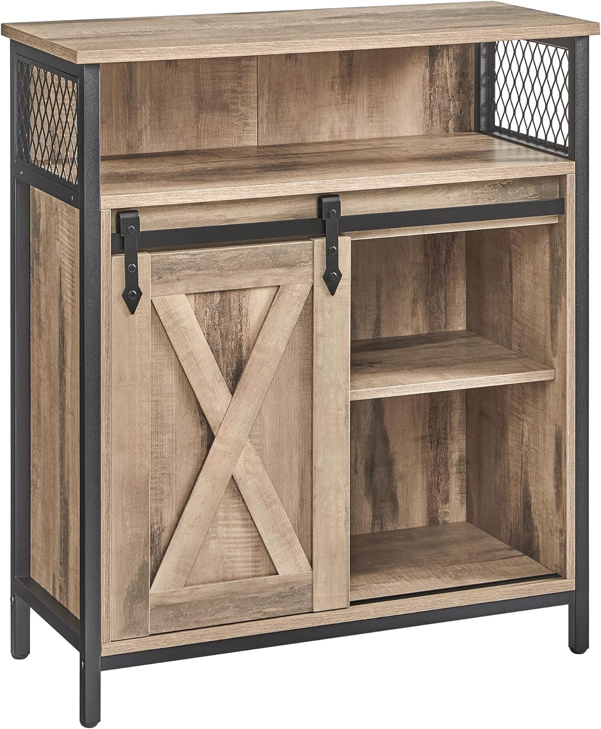 VASAGLE Sideboard, Storage Cabinet, Kitchen Cupboard with Sliding Barn Door, 30 x 70 x 80 cm, Adjustable Shelf, Open Compartment, Rustic Style, for Living Room, Toasted Oak Colour and Black LSC089B50.