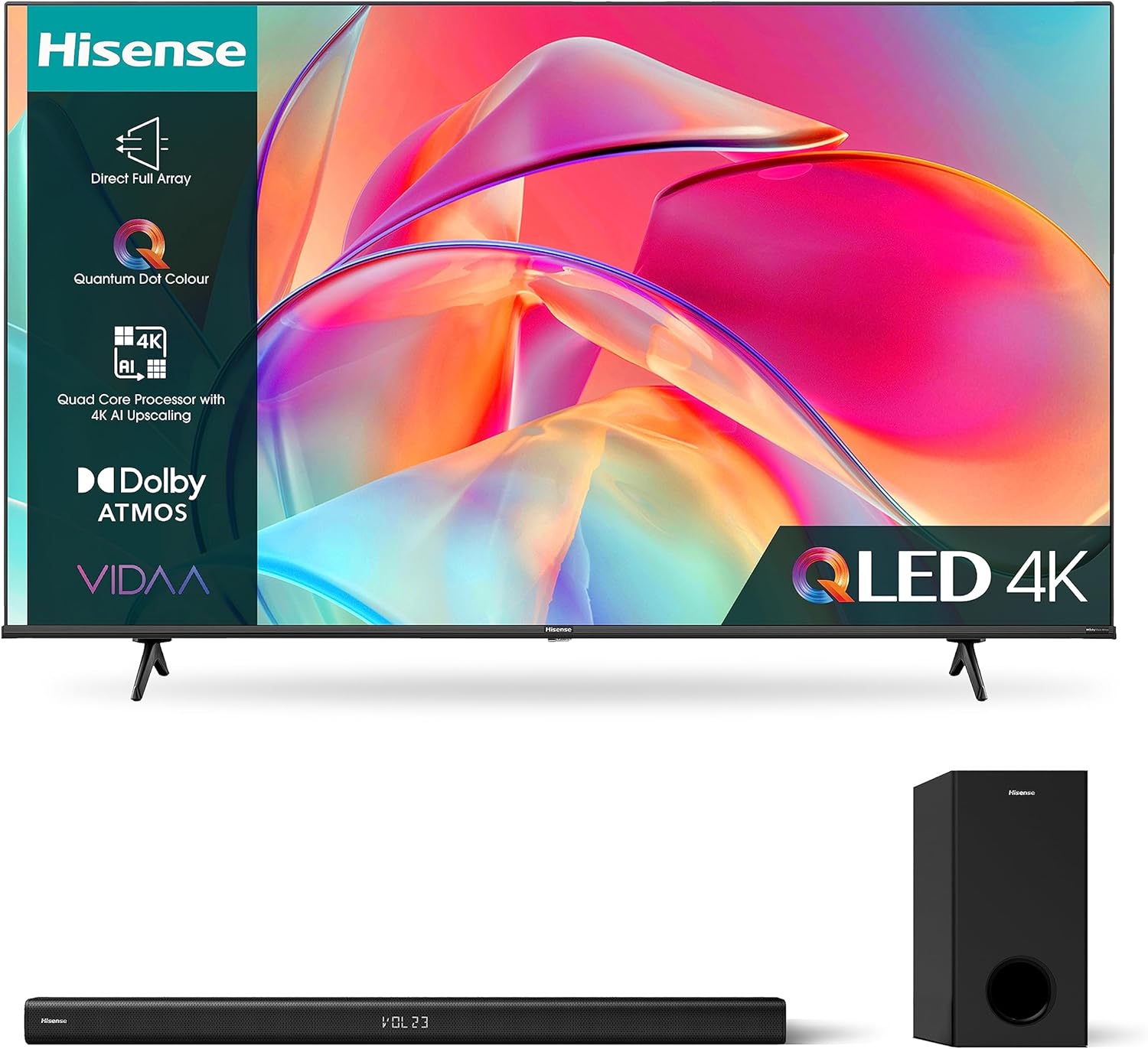 Hisense 4K QLED TV E7K and HS218 with 200W Output, Dolby Audio.