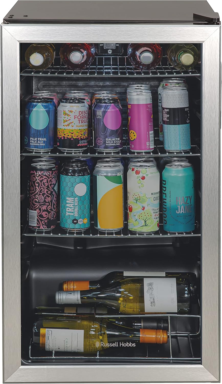 Russell Hobbs Undercounter Fridge 93 Litre/90 Can Undercounter Freestanding Beverage/Drinks Wine Fridge for Beer in Stainless Steel LED Light Drinks & Snacks Glass Door 2 Year Guarantee RH48BC101SS.