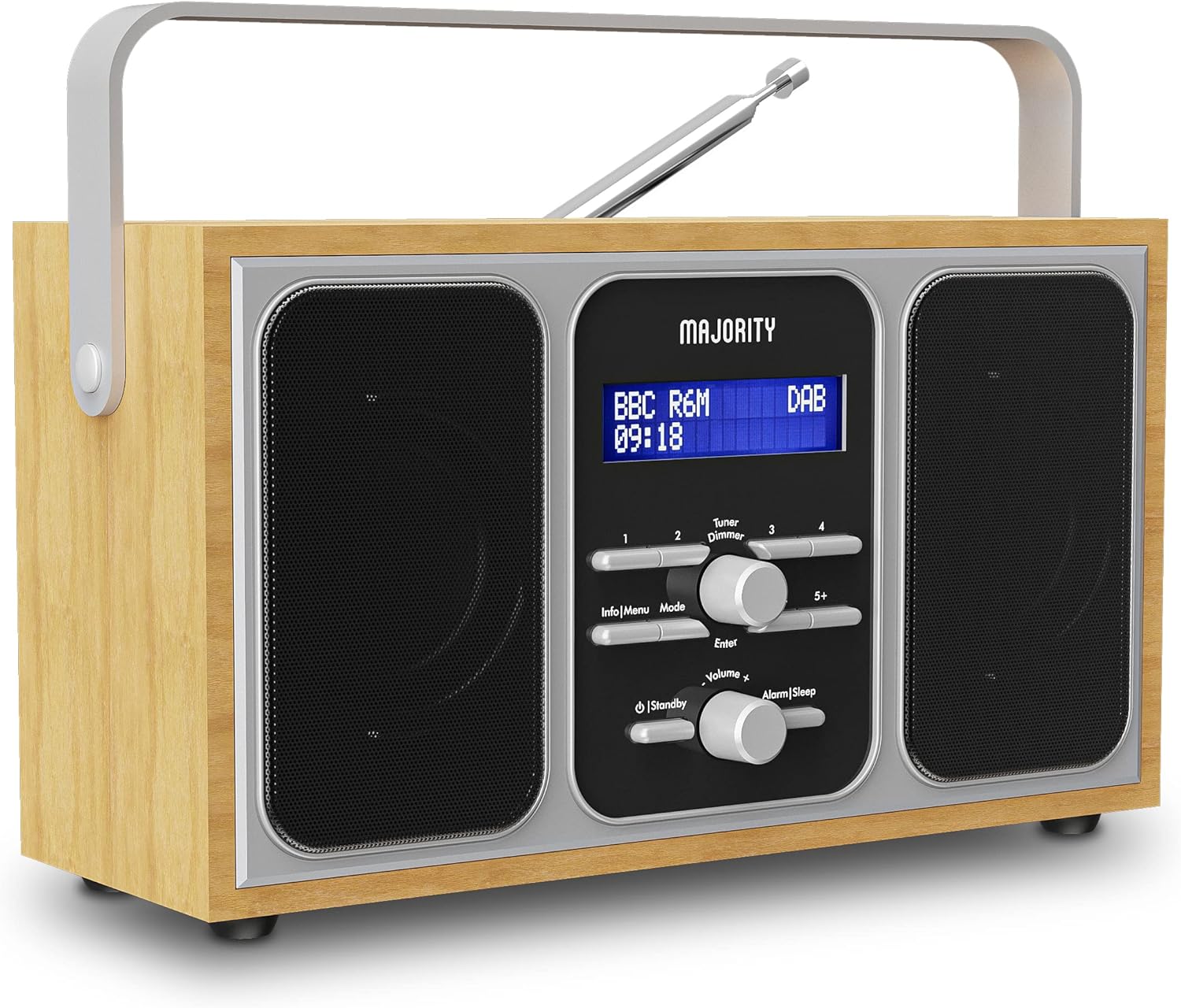 DAB+ Portable Radio | Premium Wood and Steel Design | Mains Powered or 15 Hours Battery Playtime | FM Radio, Dual Alarm Clock, & 20 Preset Stations | LED Display and Headphone Jack | MAJORITY Girton.