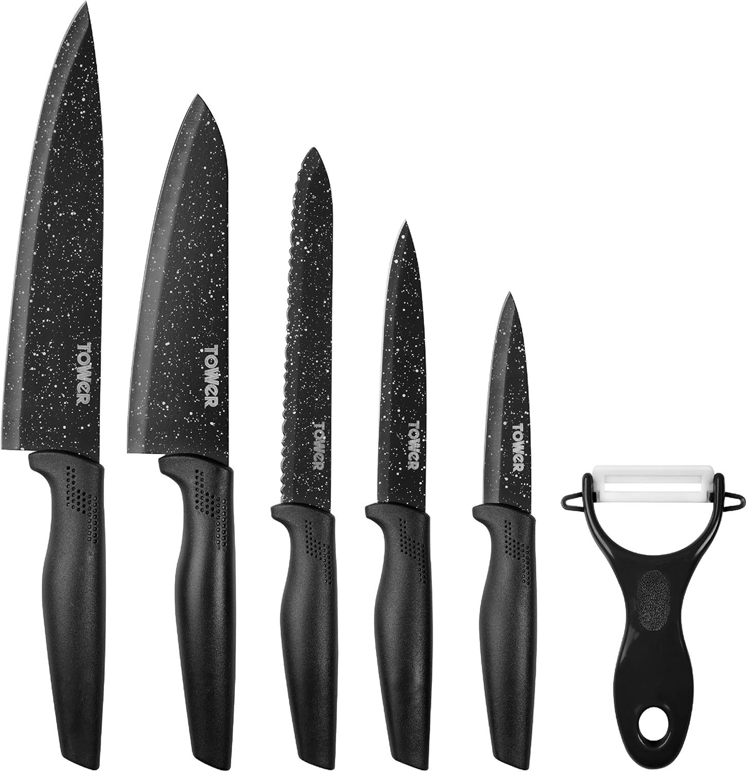 Tower T81522B Essentials Kitchen Knife Set, Stone-Coated with Stainless Steel Blades, Black, 6-Piece.