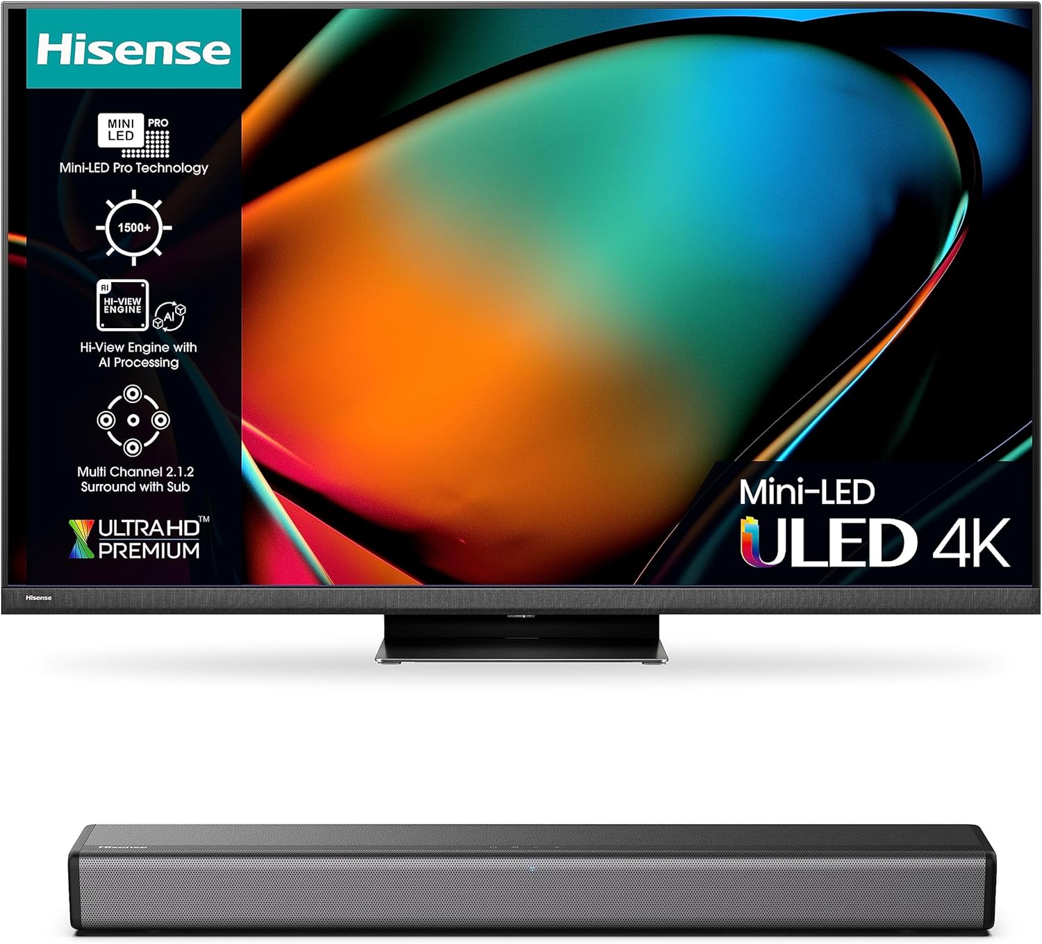 Hisense 4K Mini-LED TV U8K with 1500 Nits Peak Brightness and HS214 with Built-in subwoofer, Dolby Audio.