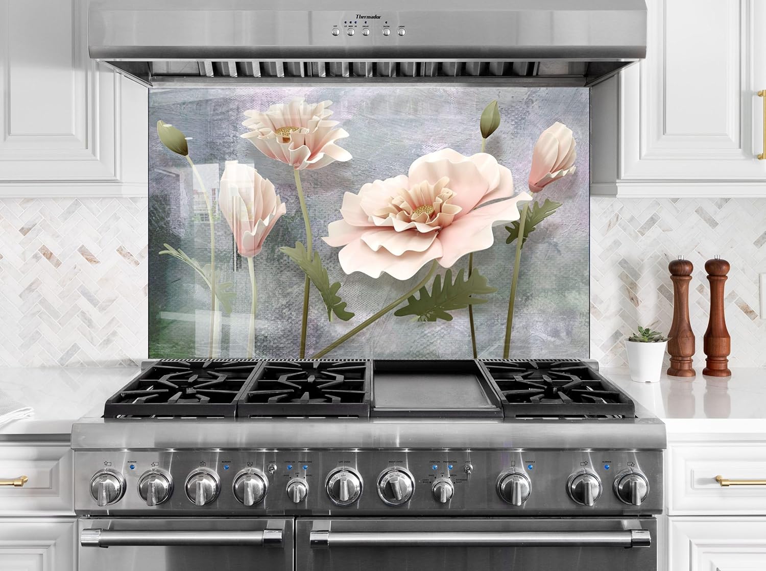 Myphotostation.com 35.5Wx30H'' Tempered Glass Floral Backsplash Design Cooker Wall Backsplash Panel Glass Splashback For Kitchen Panel Design Flower Splashback for stove.