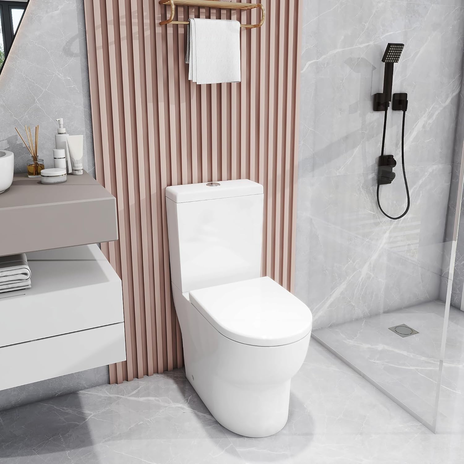 Robanmoa Close Coupled Toilet WC Back to Wall Comfort Height Toilets for Bathrooms Cloakroom, White Ceramic Toilet Pan & Dual Flush Cistern Soft Close Seat Oval Compact Toilet.