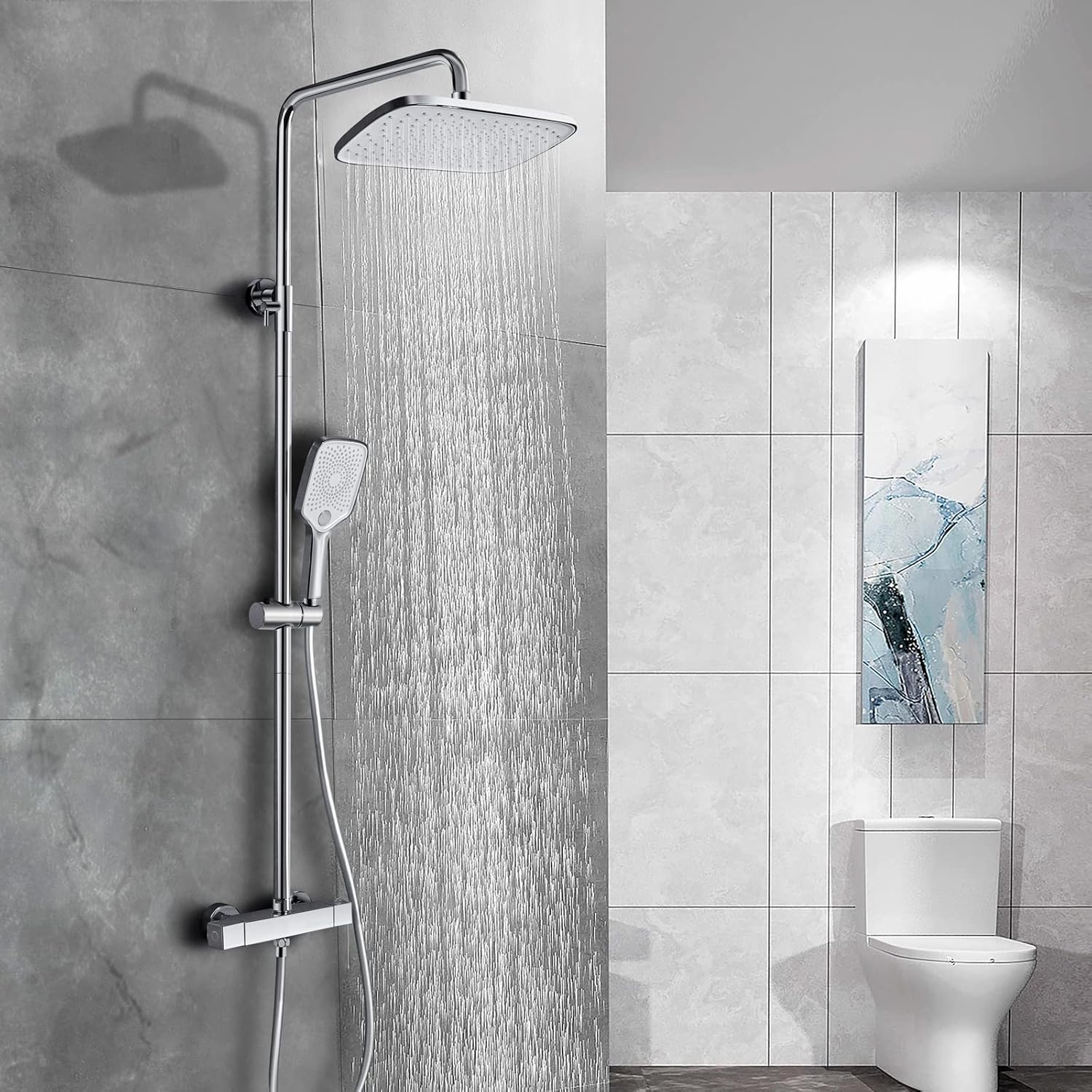 PHASAT Thermostatic Shower Mixer Set, Exposed Thermostatic Shower System with Rain Shower Head and Hand Shower,Height and Angle Adjustable, PTSB08C.