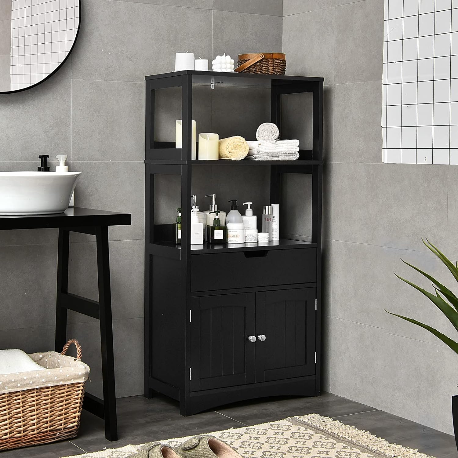 COSTWAY Bathroom Storage Cabinet, Wooden Freestanding Tall Cupboard with Open Shelves, Drawer and Door, Home Kitchen Living Room Hallway Organiser Unit (Grey).