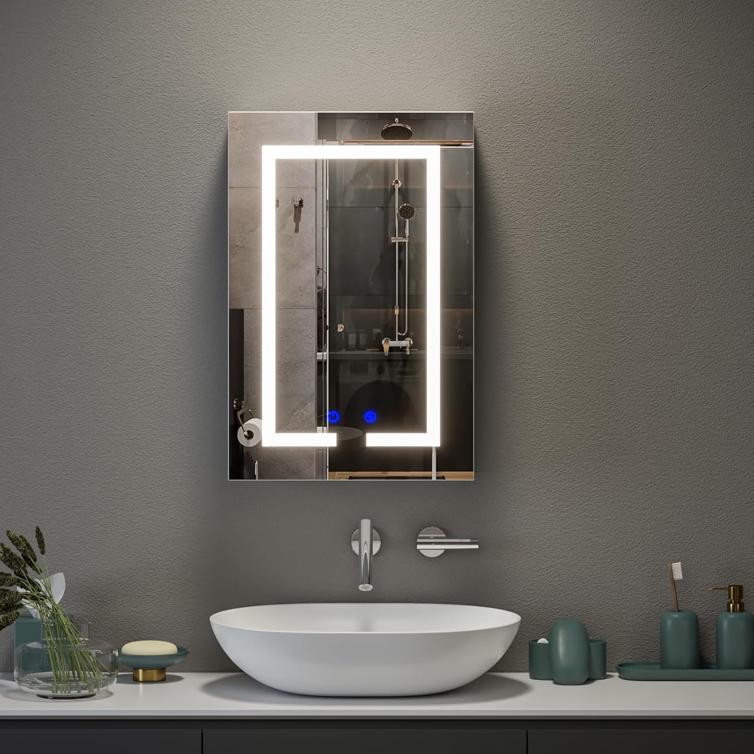 BELIWIN Bathroom Wall-Mounted Mirror Cabinet with Led Lights and Shaver Socket, Illuminated LED Bathroom Cabinets with Mirror,Demister Pad, Dimmable, 3 Colour Light, 400mm×600mm.