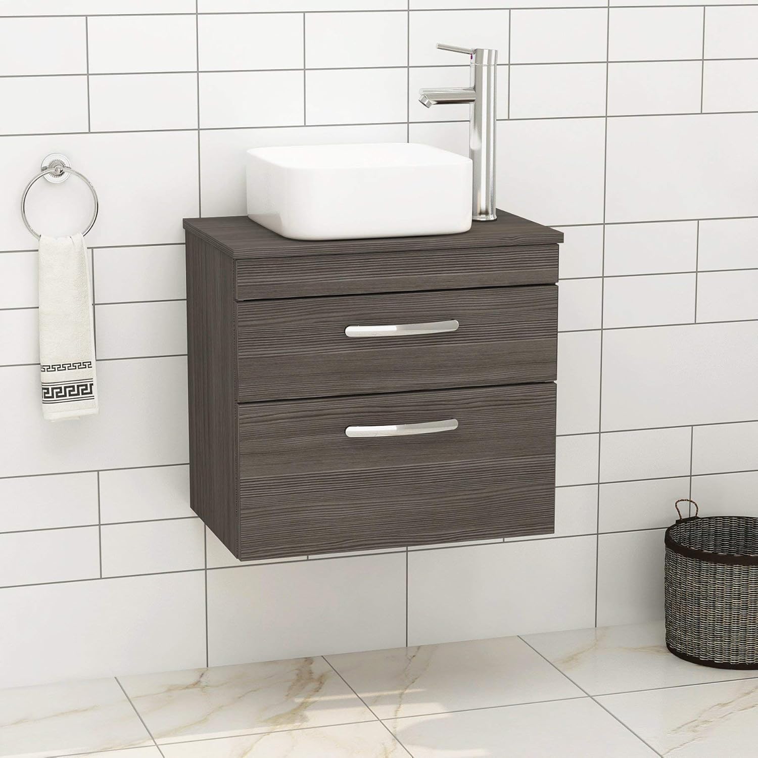 Modern500mm Bathroom vanity Unit Basin Sink 2- Drawer Wall Hung Furniture Storage Grey Elm.