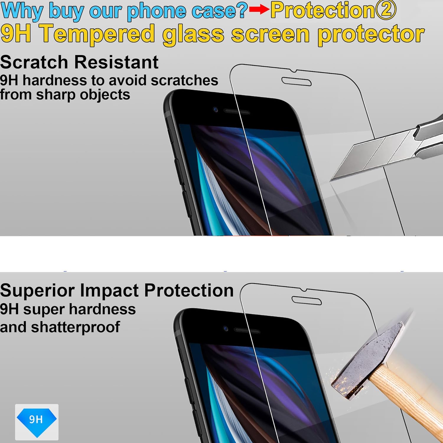 4youquality Case for iPhone SE 2022 / SE 2020, iPhone 8 & iPhone 7, with [2-Pack Tempered Glass Screen Protectors], Airbag Drop Protection, Shockproof Transparent Clear Bumper Phone Cover.