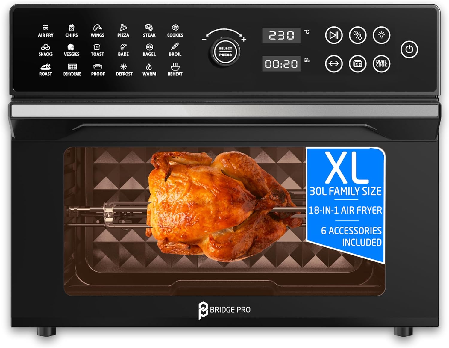 BridgePro 30L Digital Air Fryer Oven With Rotisserie, Full Accessory Set - XL Family Sized 18-in-1 Preset, Dual Cook, Smart Dial, 360° Hot Air Circulation, Time & Temp Controlled, Fast Cooking - 1800W.