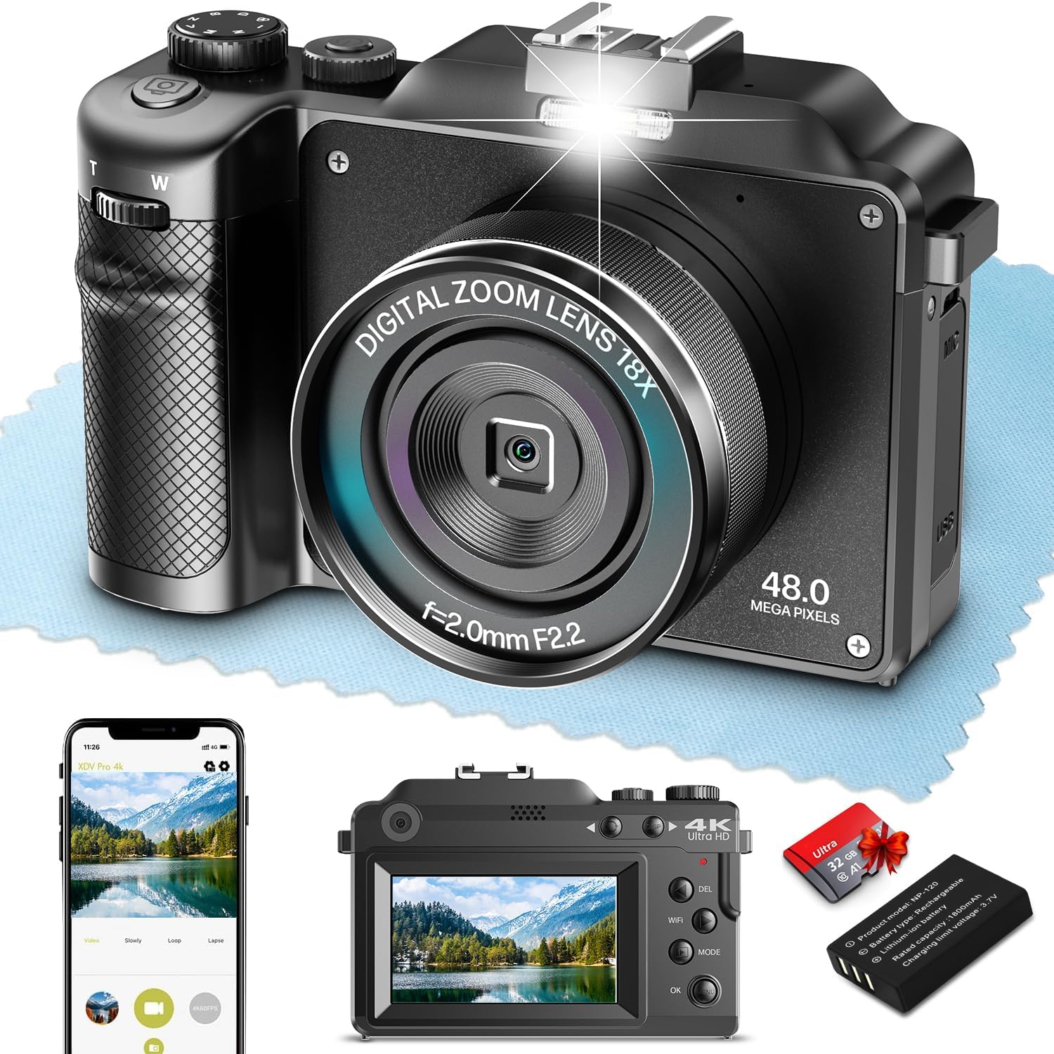 Digital Camera,4K 48MP Autofocus Video Camera with Wide Angle & Macro Lens 18X Zoom Dual-lens Selfie Function,Powerful Travel Camera for Photography with Wifi & 32G Card for Tiktok YouTube Vlogging.