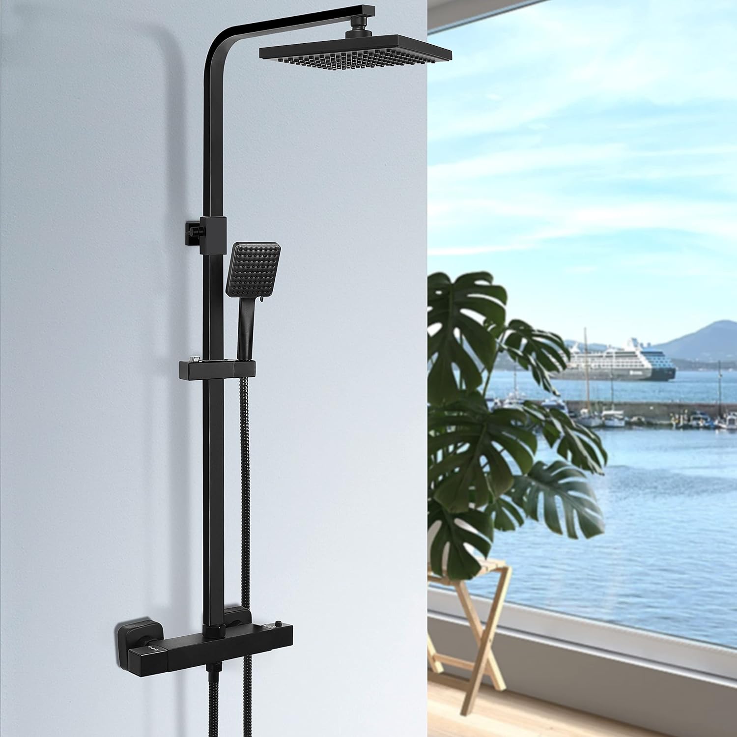 Ronvie Thermostatic Shower Mixer Set, Thermostat Shower Rail System with Adjustable Rainfall Shower Head, Scalding Protection Shower Tap, Anti-Kink Shower Hose(Square, Matte Black).