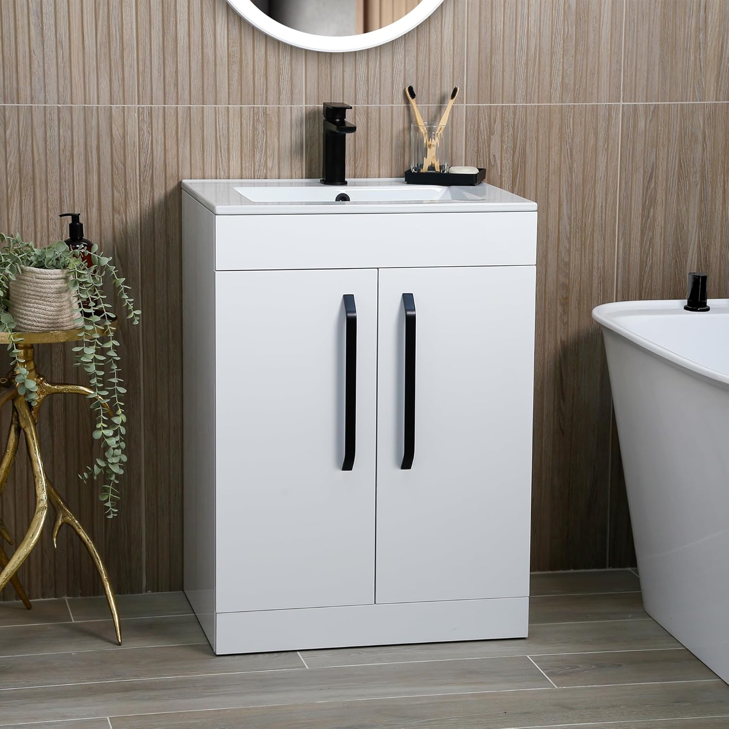 Valta 615mm White Vanity Unit Under Sink Bathroom Cabinet Fully Assembled Includes Ceramic Basin Sink Floor Standing with Gold Handles Gold Basin Tap & Pop Up Waste.