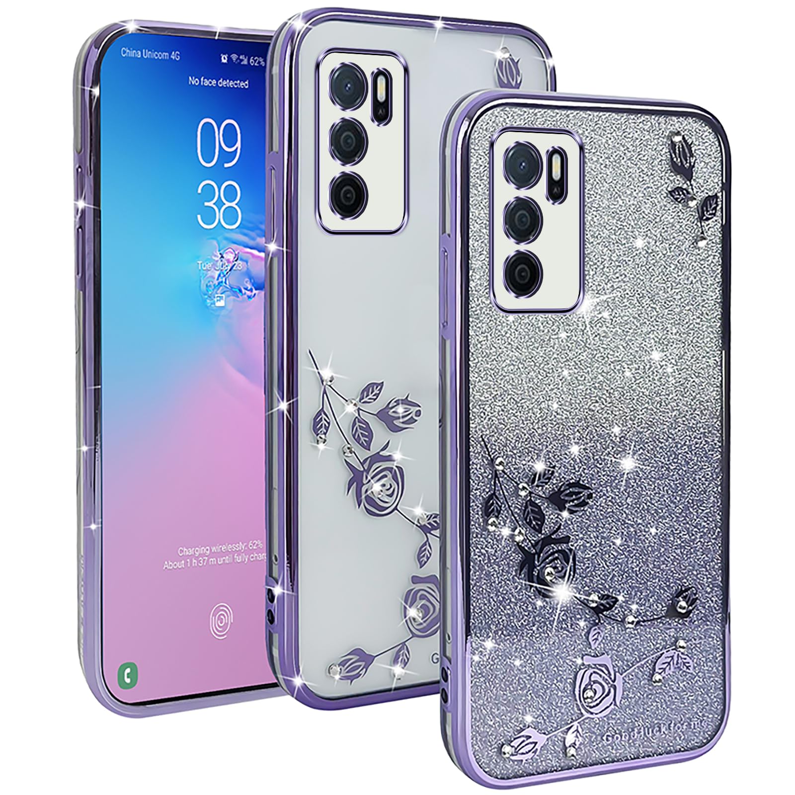 XINYEXIN Transparent Glitter Case for Oppo A16 / Oppo A16s / Oppo A54s, Women Girls Bling Diamond Phone Case Ultra Thin Slim Portable Shockproof Protective Cover - Purple.