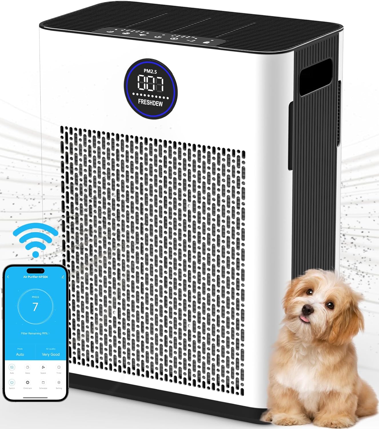 Air Purifiers for Home,FRESHDEW Air Purifiers for Bedroom Up to 170m² With Smart WiFi,Air Quality and Light Sensors,Double-sided Air Inlet,H13 HEPA Fliter for Pet Odor, Dust, Smoke, Wildfire 22dB.