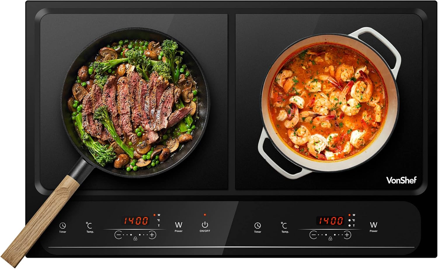 VonShef Double Induction Hob - 2800W Portable Dual, Twin Plate Electric Table Top with LED Display, Built-In Timer, 10 Heat Settings 60-240°C - Black.