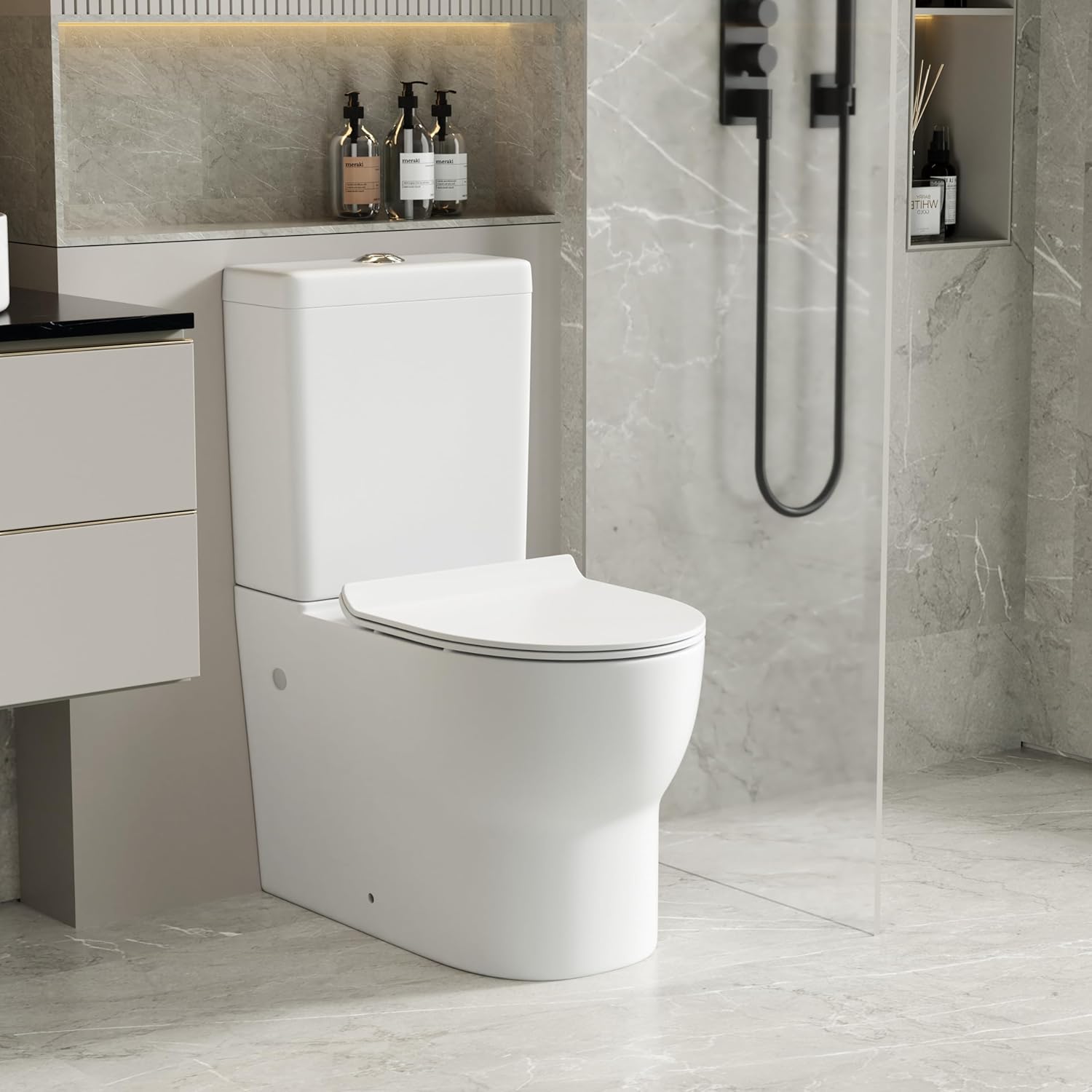 Robanmoa Modern Close Coupled Toilet Back to Wall Bathroom Toilets White Ceramic WC Pan with UF Soft Close Seat Dual Flush Cistern Oval Style Elegant Comfort Elongated Toilet.