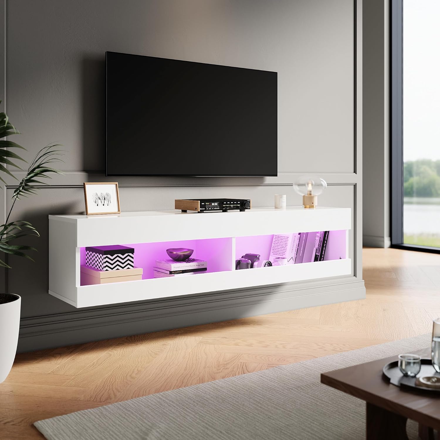 ELEGANT Gloss White Floating TV Unit Cabinet 1400x300x400mm Wall Mounted TV Shelf, Entertainment Center for Living Room, Floor-standing Available.