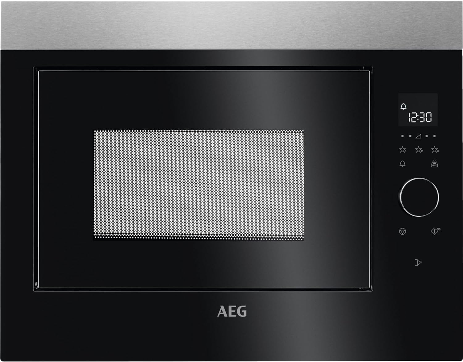 AEG Built-in Microwave MBE2658SEM, 26L Capacity, 900W, Auto Weight Defrost Programmes, Digital Display, 5 Power Levels, Touch-Activated Door, Easy Clean, Clock & Timer - Black & Stainless Steel.