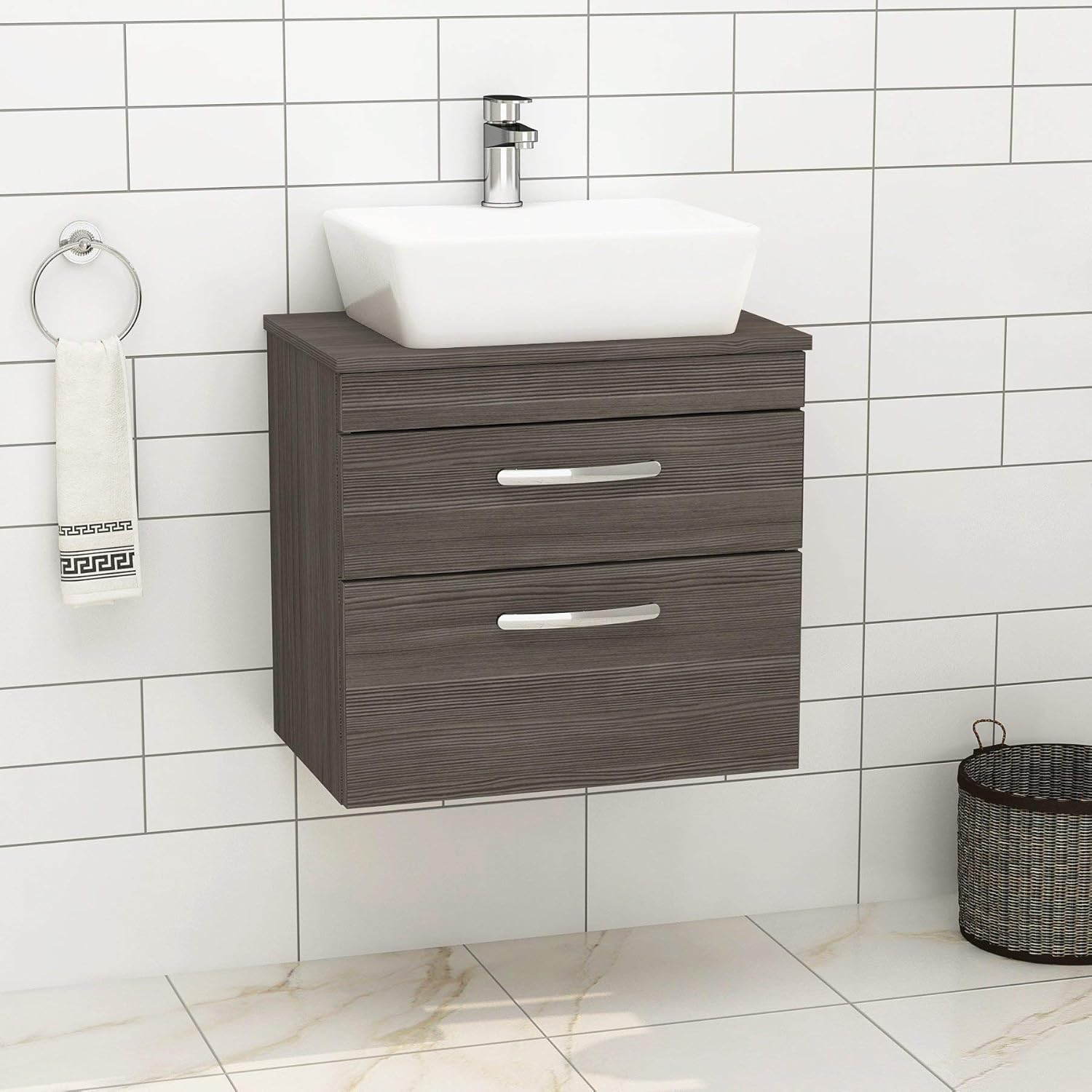 Royal Bathrooms Bathroom vanity Unit 2- Drawer Wall Hung Furniture Storage Basin Sink Hale Black 600mm.