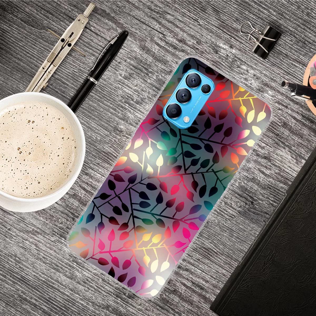 Xunlaixin MUTOUREN Compatible with OPPO Find X3 Lite Case with Tempered Glass Screen Protector, Clear Soft Silicone TPU Bumper Cover Transparent for OPPO Find X3 Lite (Colorful Leaves).