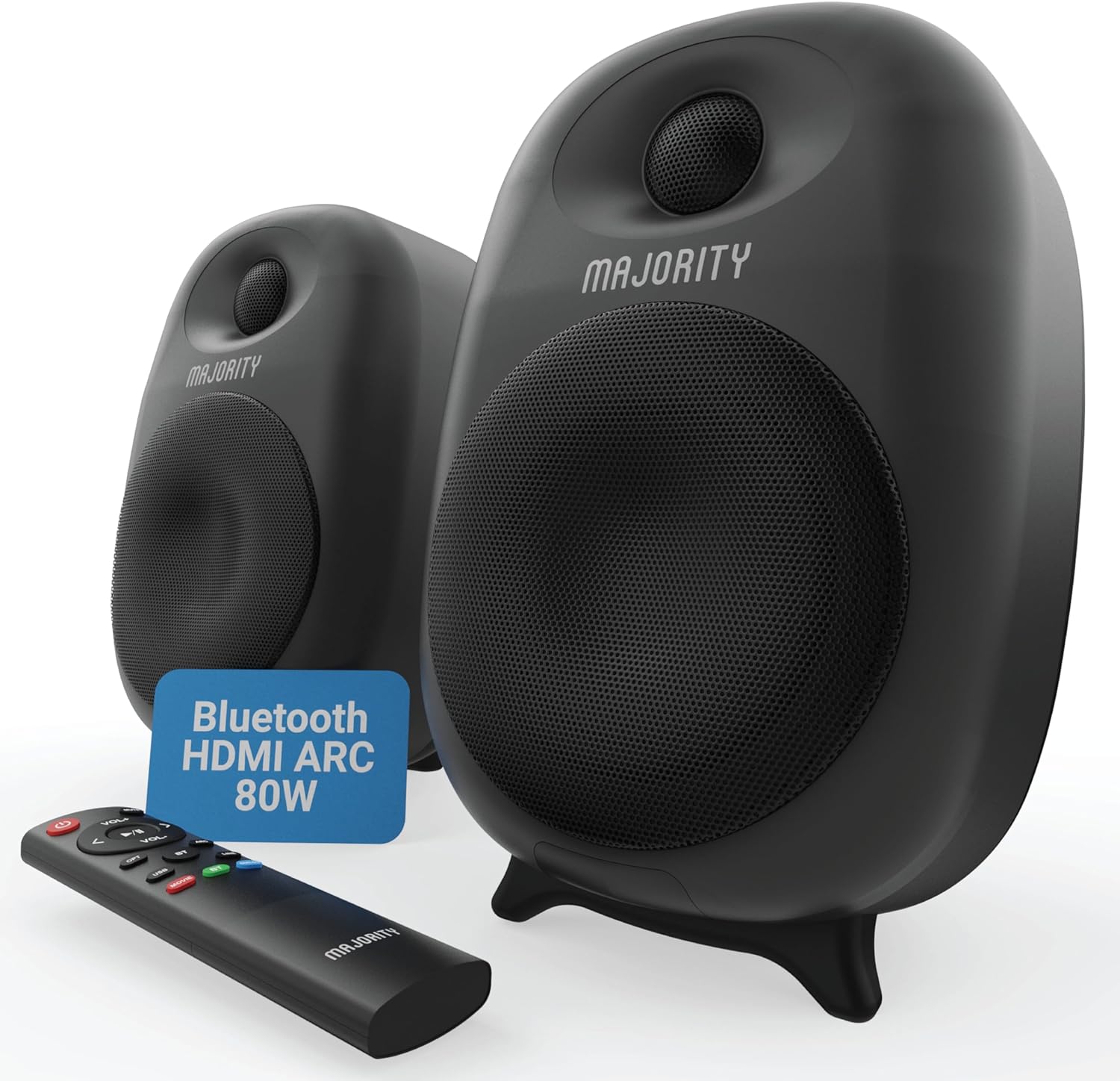 MAJORITY D80 | Active Bluetooth HDMI ARC Bookshelf Speakers | Amplified 80W 4" Drivers | Silk Dome Tweeters | Hifi Stereo Studio Speakers for TV & PC | USB, AUX, RCA, Optical | Custom EQ & Remote.