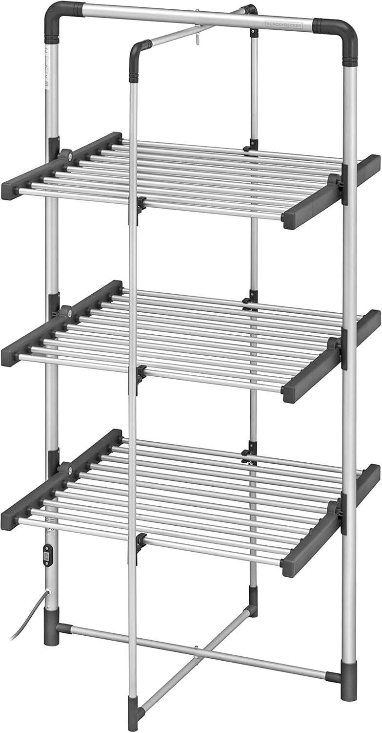 BLACK+DECKER 63099 3-Tier Heated Clothes Airer Aluminium, Cool Grey, 140cm x 73cm x 68cm.