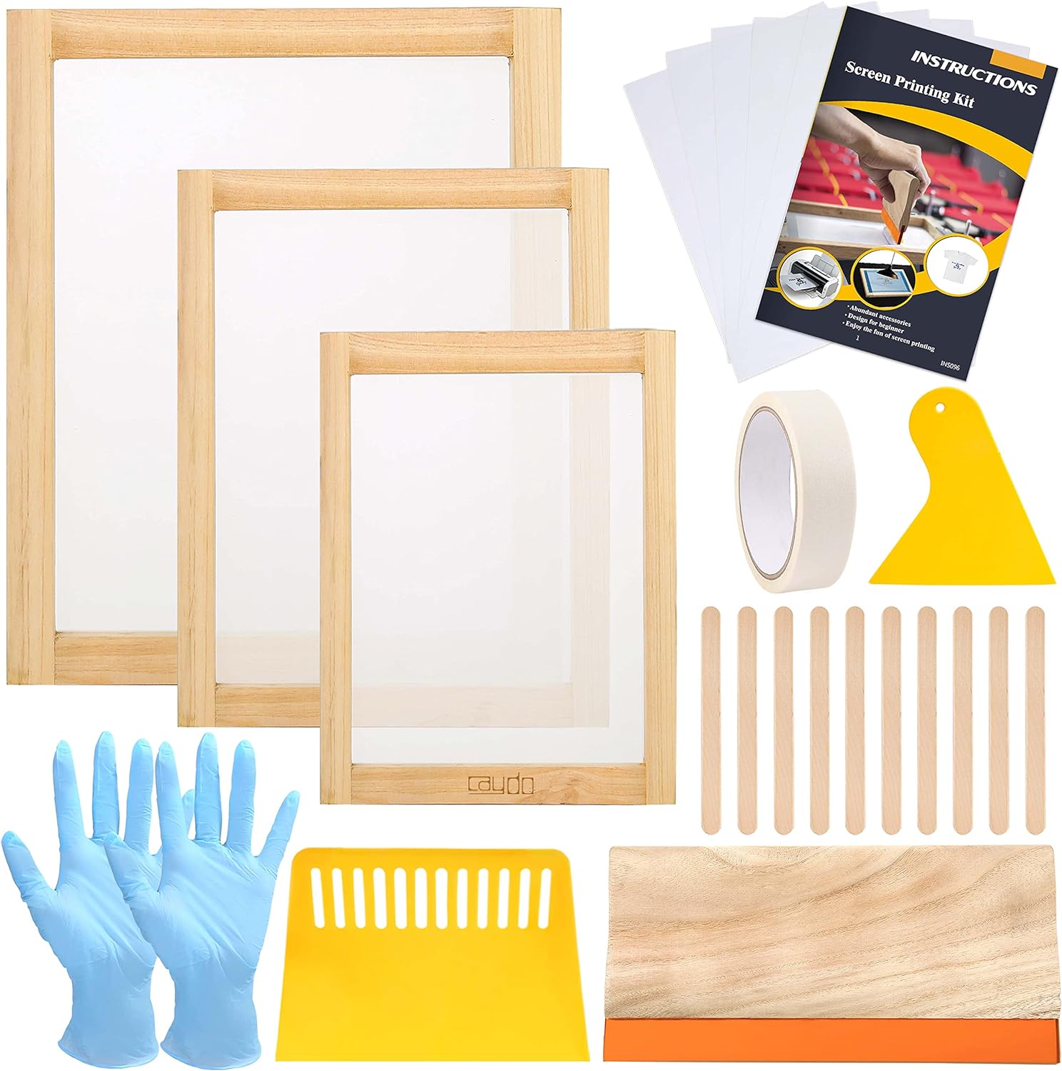 Caydo 24 Pieces Screen Printing Kit, Include 3 Sizes Wood Silk Screen Printing Frame with 110 Mesh, Screen Printing Squeegees, Transparency Inkjet Film, Masking Tape.