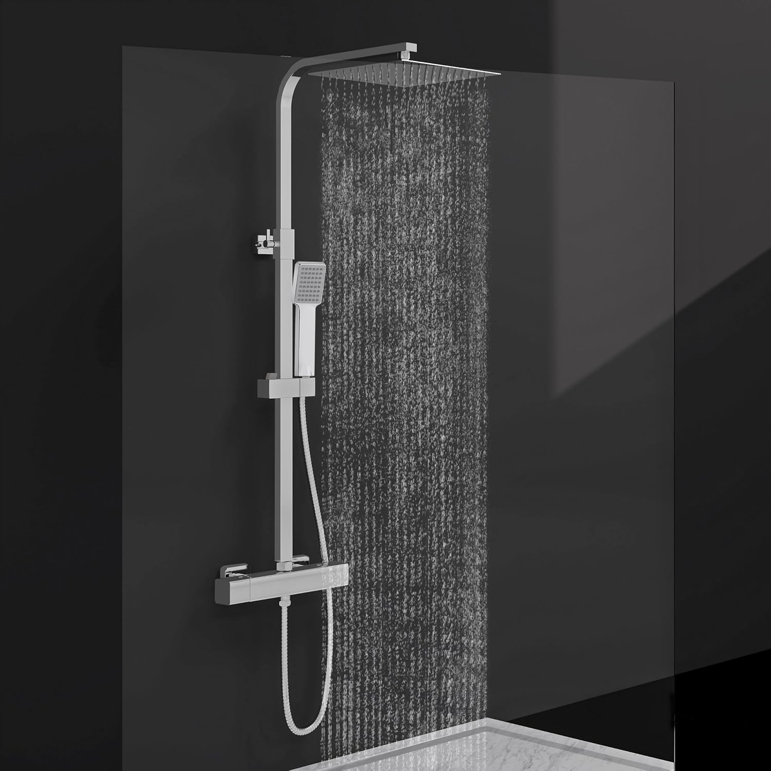 Acezanble Thermostatic Shower Mixer Set Chrome, Round 38 °C Thermostat Shower System with 20cm Rainfall Shower Head, Handheld Shower, Anti Scald Shower Mixer Bar Kit, Adjustable Height.