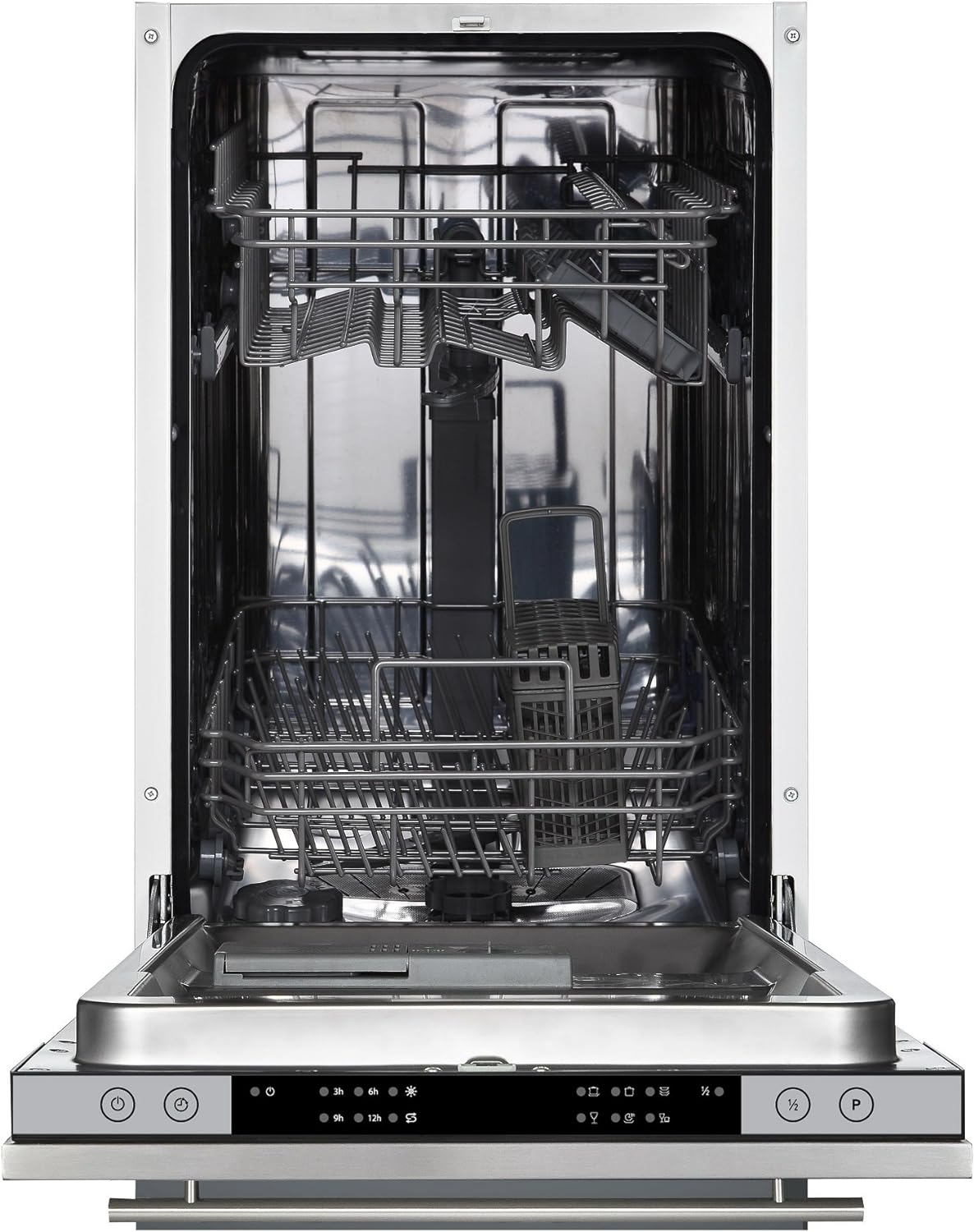 Cookology CBID450 Slimline Freestanding Integrated Dishwasher 45cm with 10 place settings, 6 Wash Programmes, LED Control Panel and a Delay Timer - in Stainless Steel.