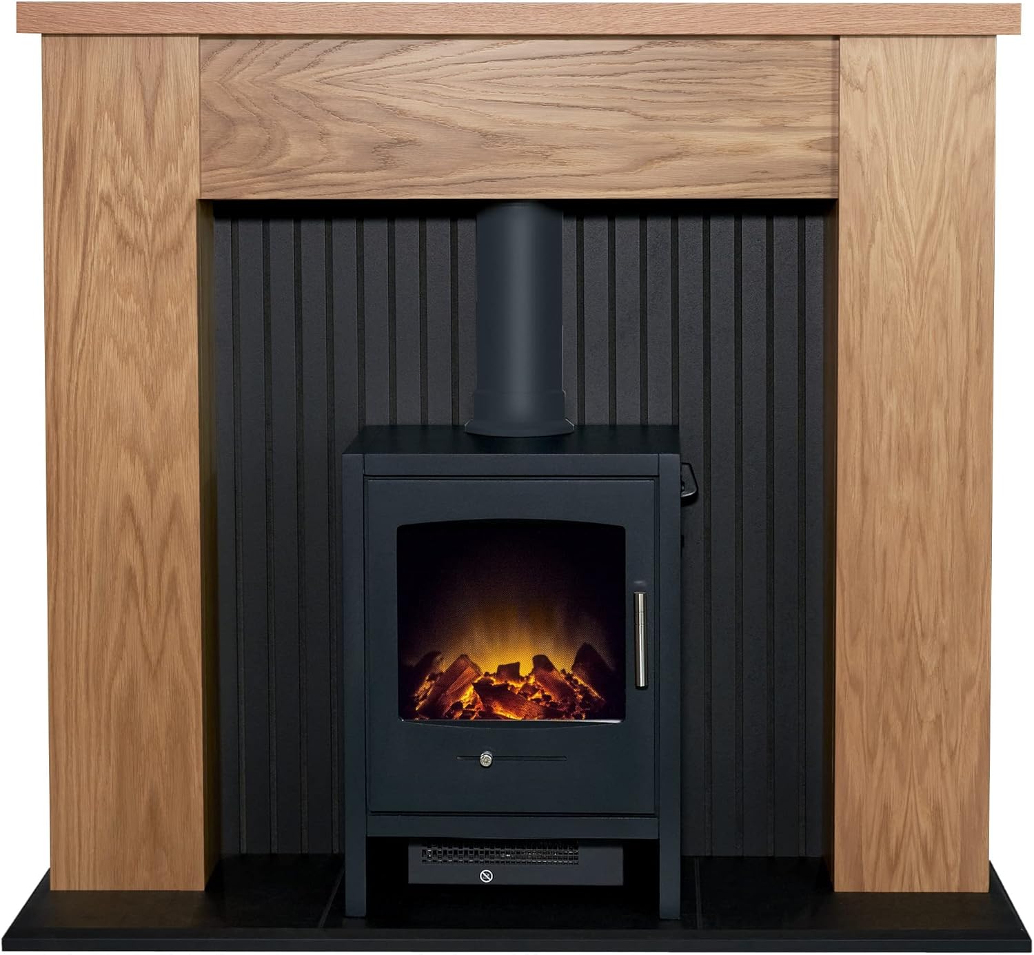 Adam New England Stove Fireplace in Oak & Black with Bergen Electric Stove in Charcoal Grey, 48 Inch.