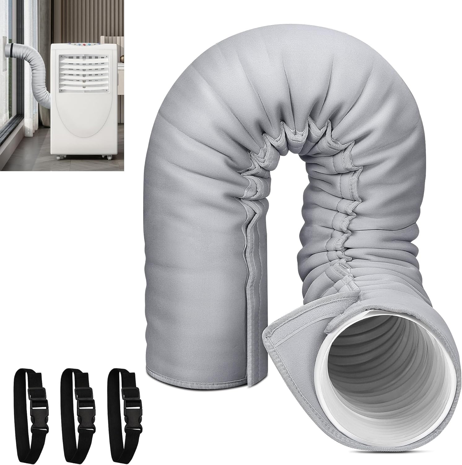 Portable AC Hose Insulation Sleeve, Portable Air Conditioners Insulated Hose Cover Wrap, Fit 5" & 5.9" Diameter Exhaust Hose, Easy Installation with 3*Adjustable Buckle Straps, Light Gray.