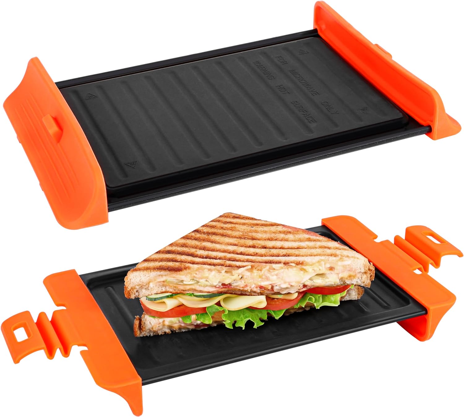 Belle Vous Microwave Toasted Sandwich Maker - Non-Stick Grill Cheese/Toastie Cookware - Safe Kitchen Tool for Toastie, Panini, Grilled Cheese & Grill Snacks - Dishwasher Safe - Orange Handles.