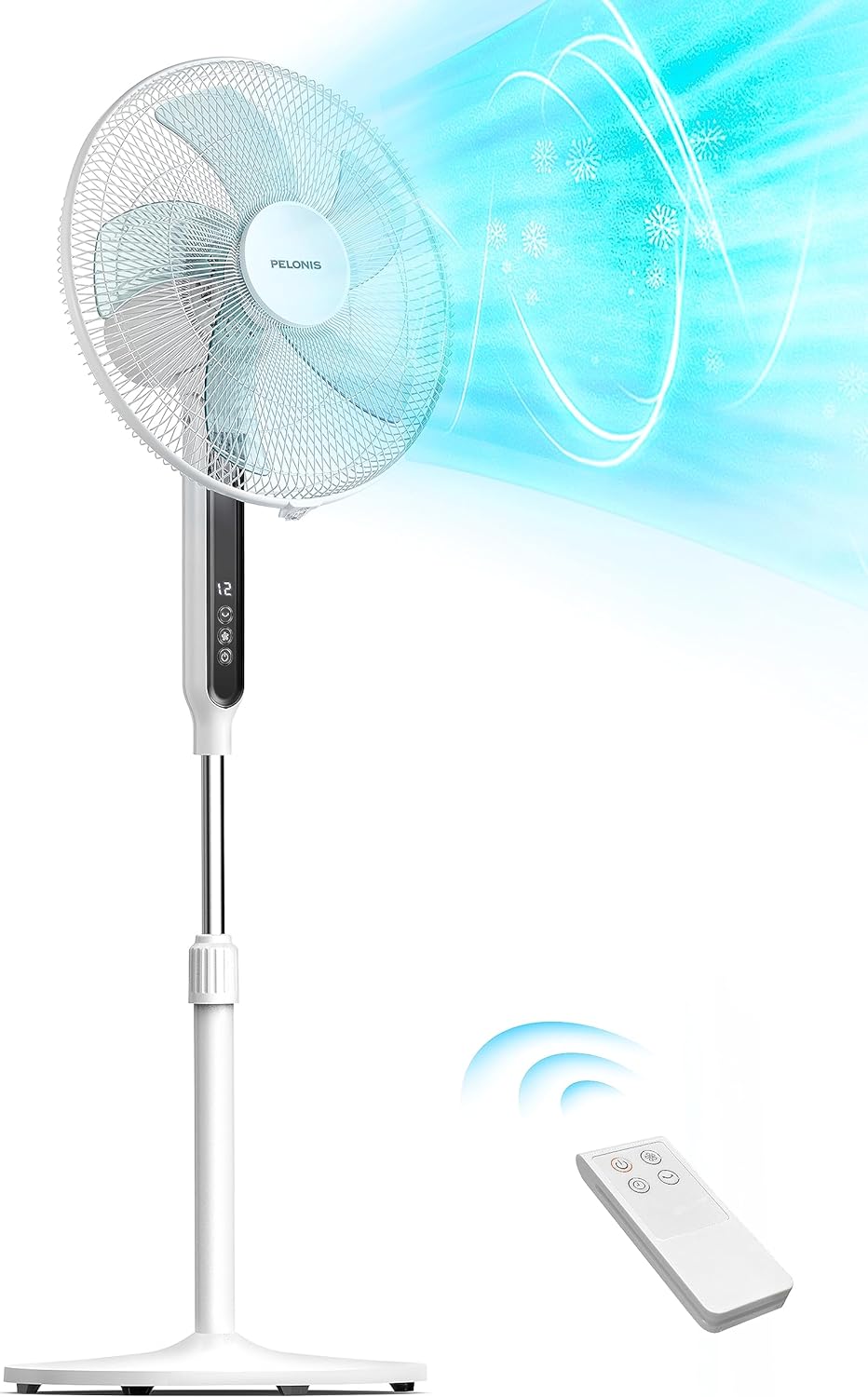 PELONIS 16-inch Pedestal Fan with Remote Control, DC Motor 35W Quiet Low Noise 38dB, 12-Speed 12-Hour Timer, Oscillation 90°, Power Off Memory Function, Energy Saving Fan for Bedroom.