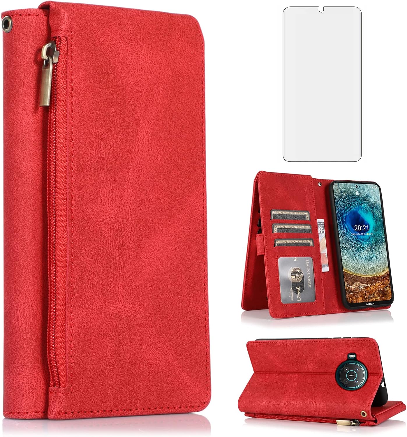 Asuwish Compatible with Nokia X10/X20 Wallet Case Tempered Glass Screen Protector Zipper Leather Flip Cover Card Holder Stand Cell Accessories Phone Cases for NokiaX10 10X NokiaX20 5G Women Men Red