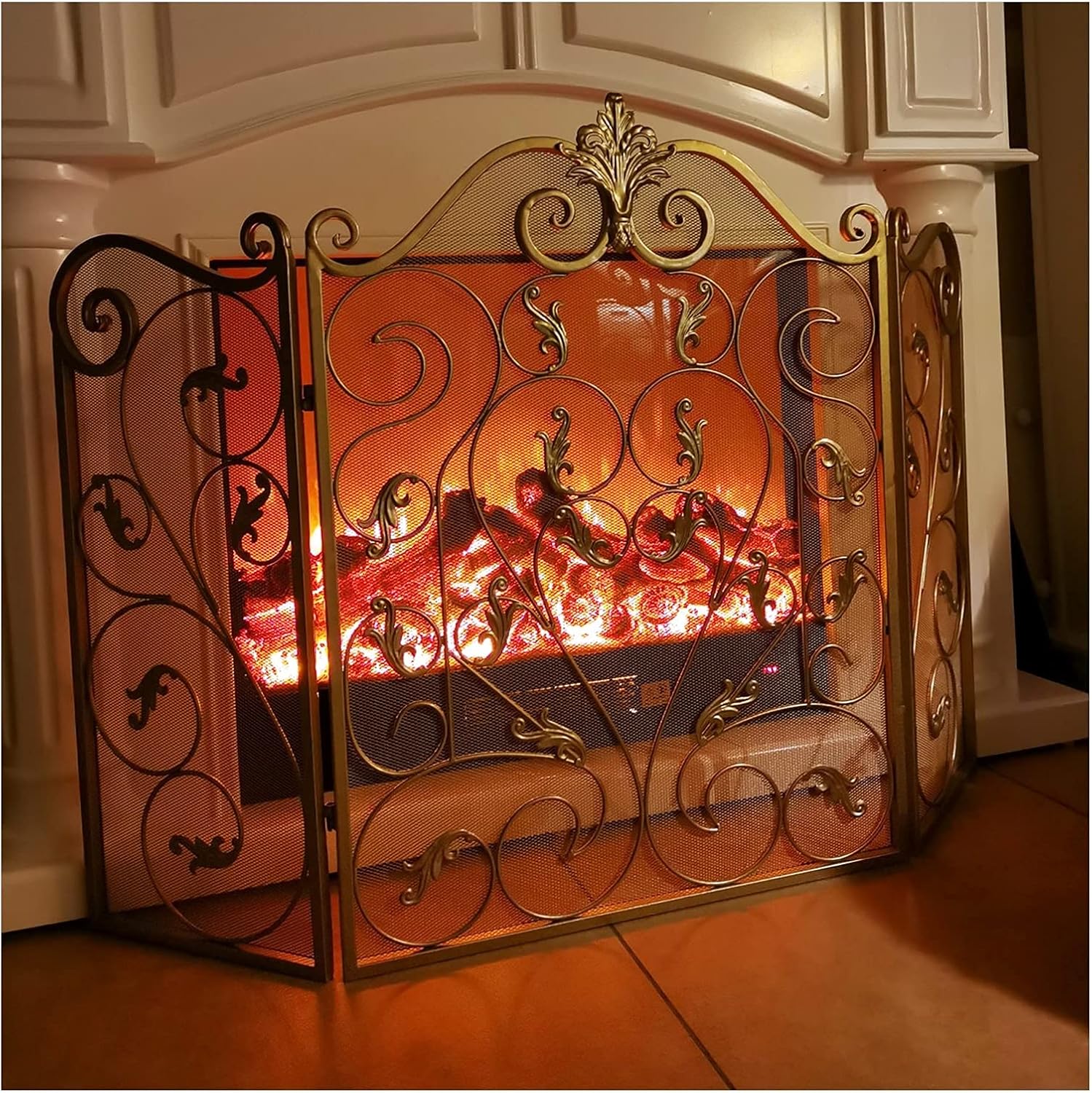 3-Panel Fireplace Screen Flat, Solid Wrought Iron See-Through Spark Guard Gold Fence Protector, for Gas Logs/Wood Burning Fireplace Decor.