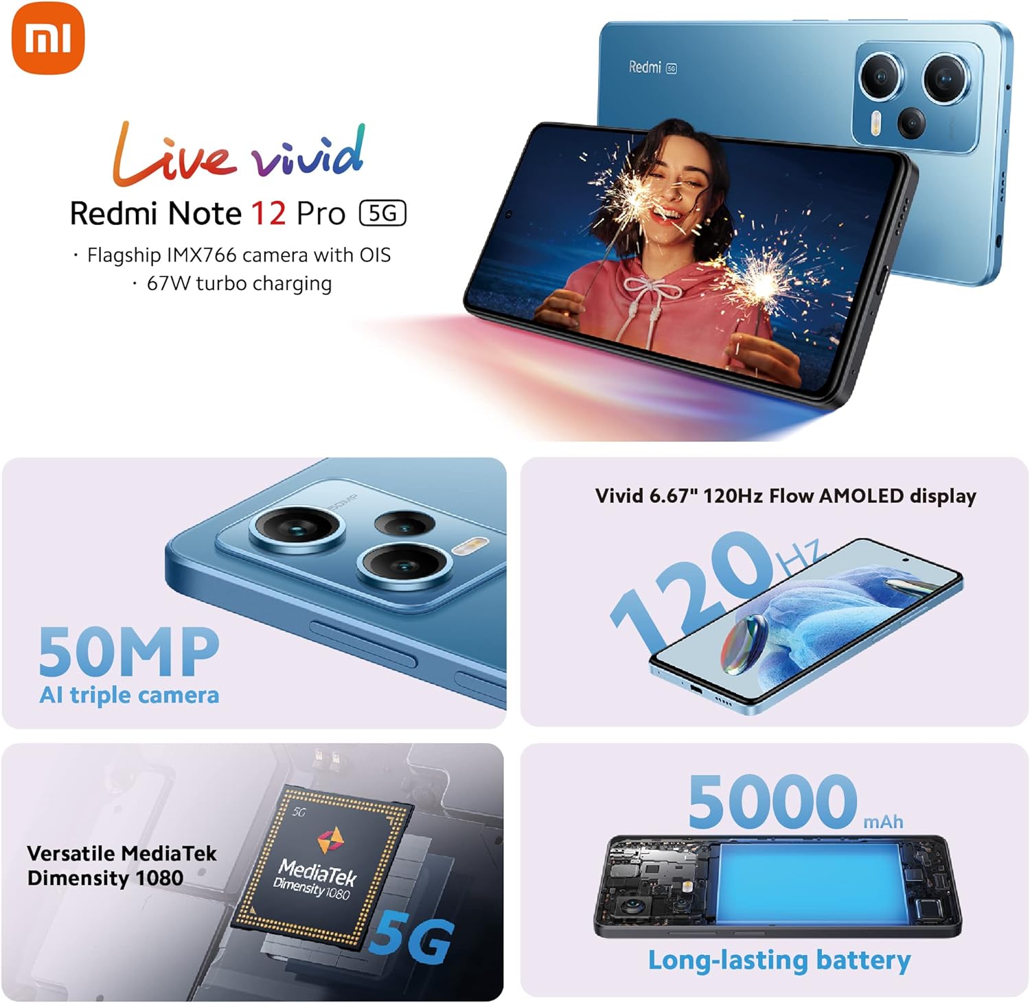 Xiaomi Redmi Note 12 Pro 5G Smartphone, 6+128GB, 6.67 Inch FHD+ Flow AMOLED DotDisplay, 5,000 mAh, 50MP Camera, 67W Turbo Charging, Dual SIM, Midnight Black (UK Version 2 Year Warranty).